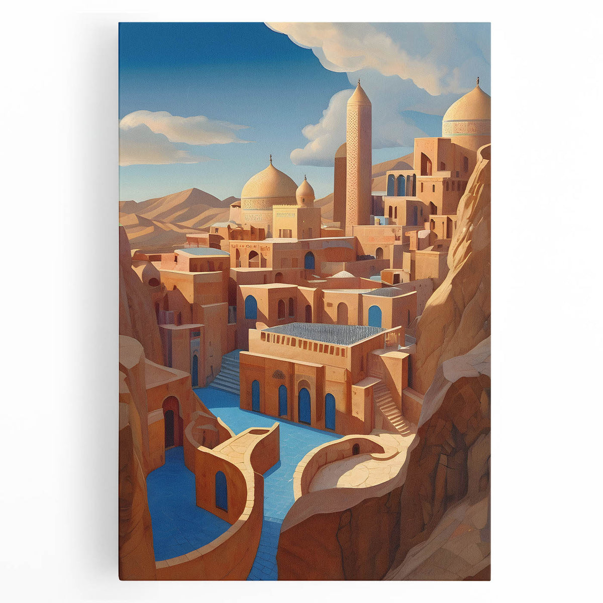 Black and white stretched canvas of a Middle Eastern Iranian scenery, ideal for kitchen wall art.