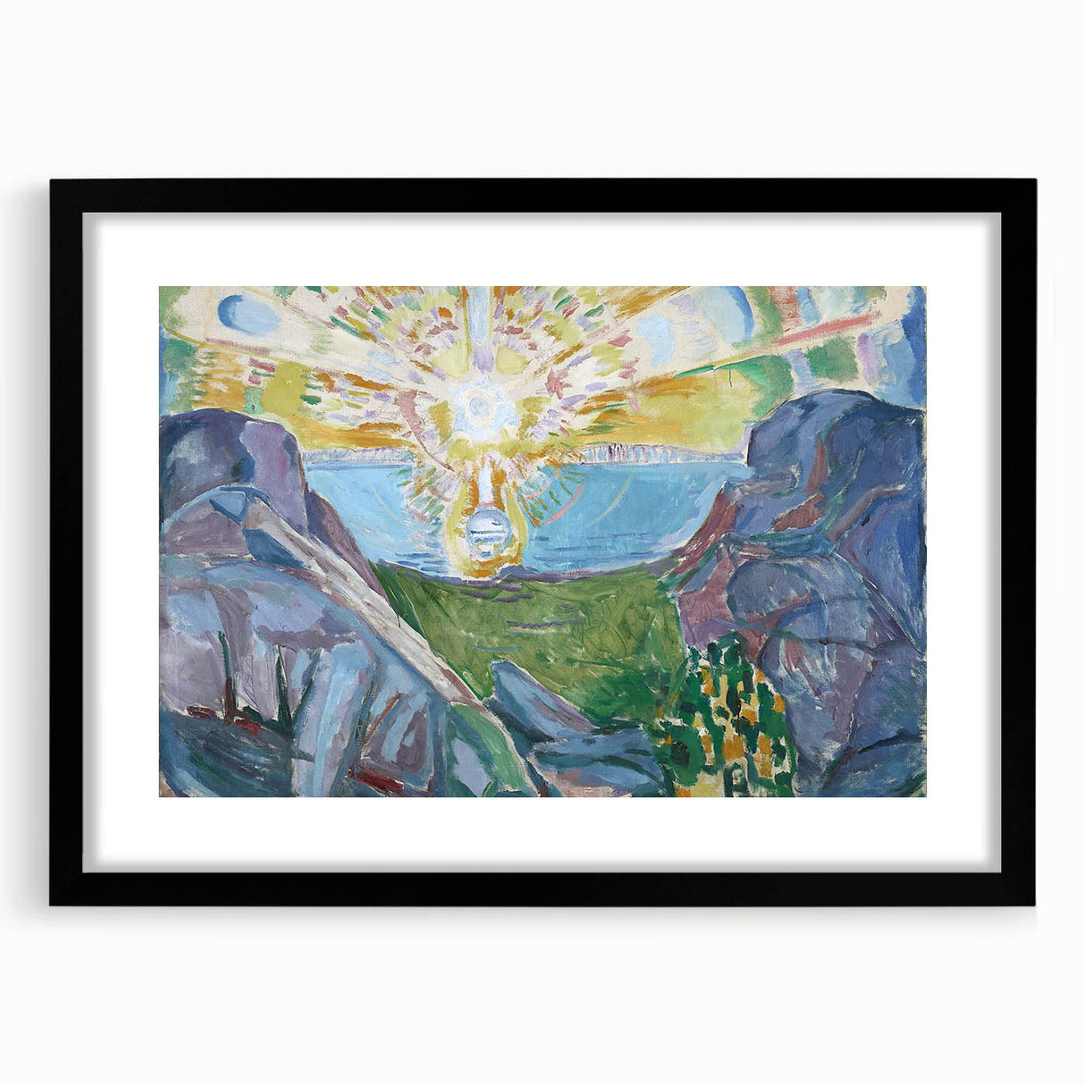 Expressionist Art: Radiant Sunburst with Abstract Mountain Landscape