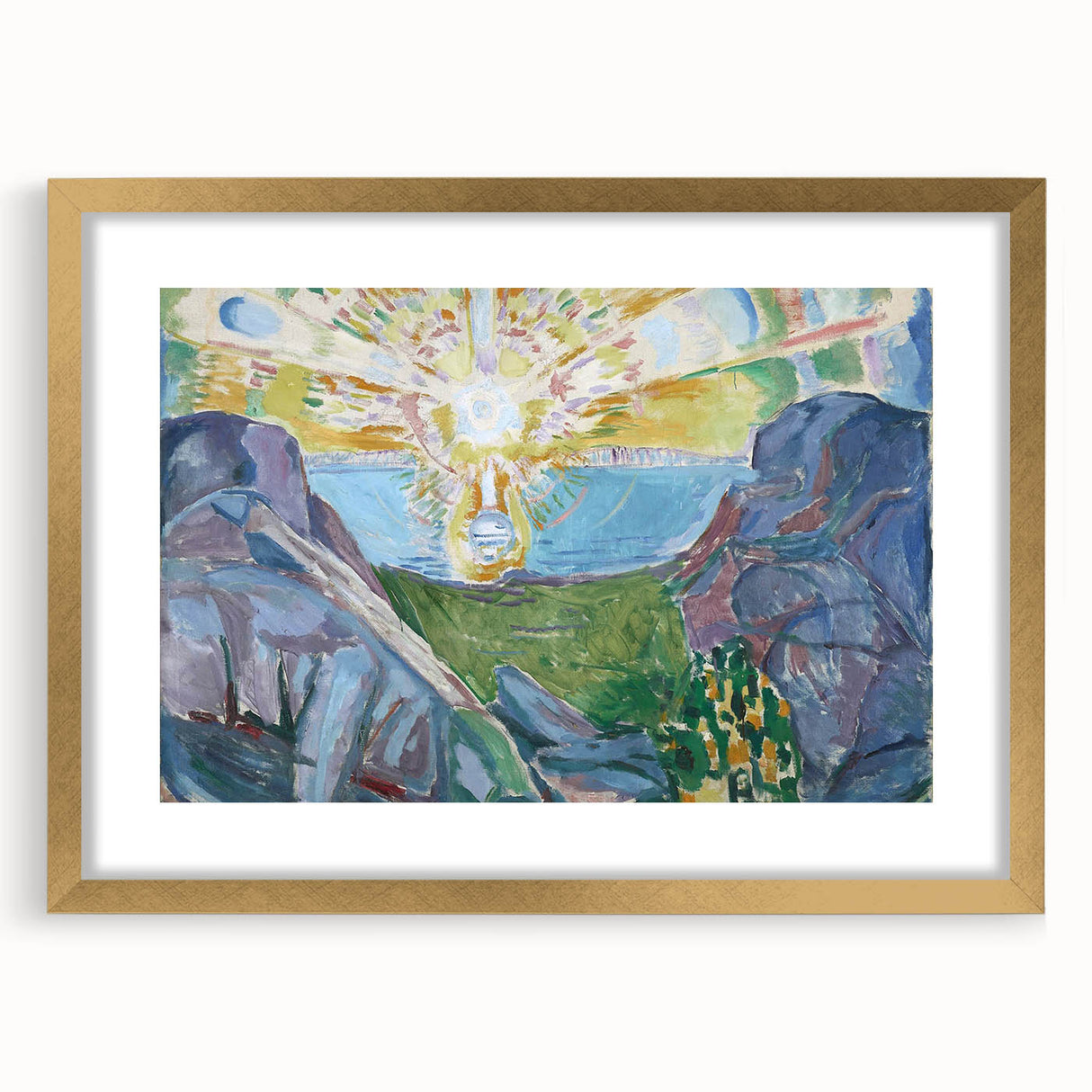 Expressionist Art: Radiant Sunburst with Abstract Mountain Landscape