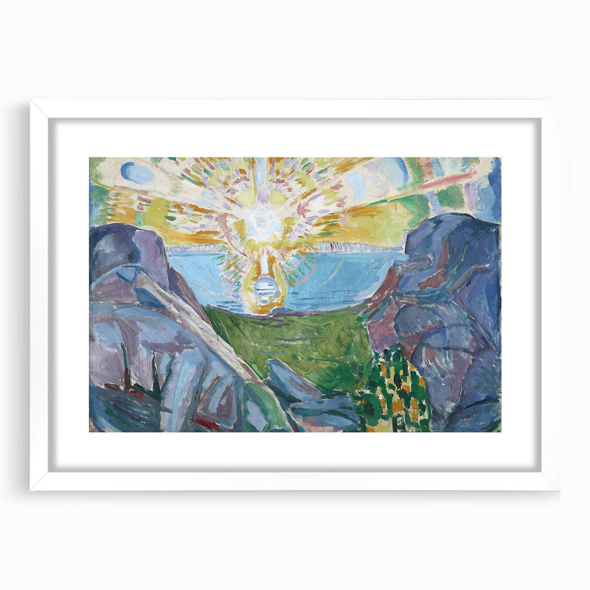 Expressionist Art: Radiant Sunburst with Abstract Mountain Landscape