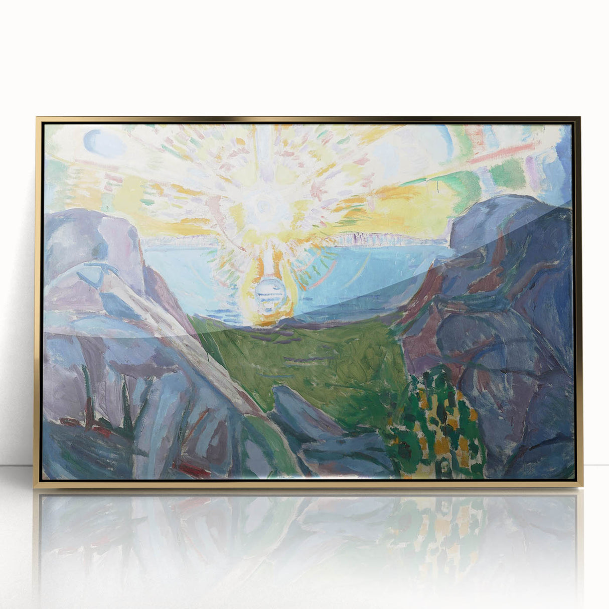 Expressionist Art: Radiant Sunburst with Abstract Mountain Landscape