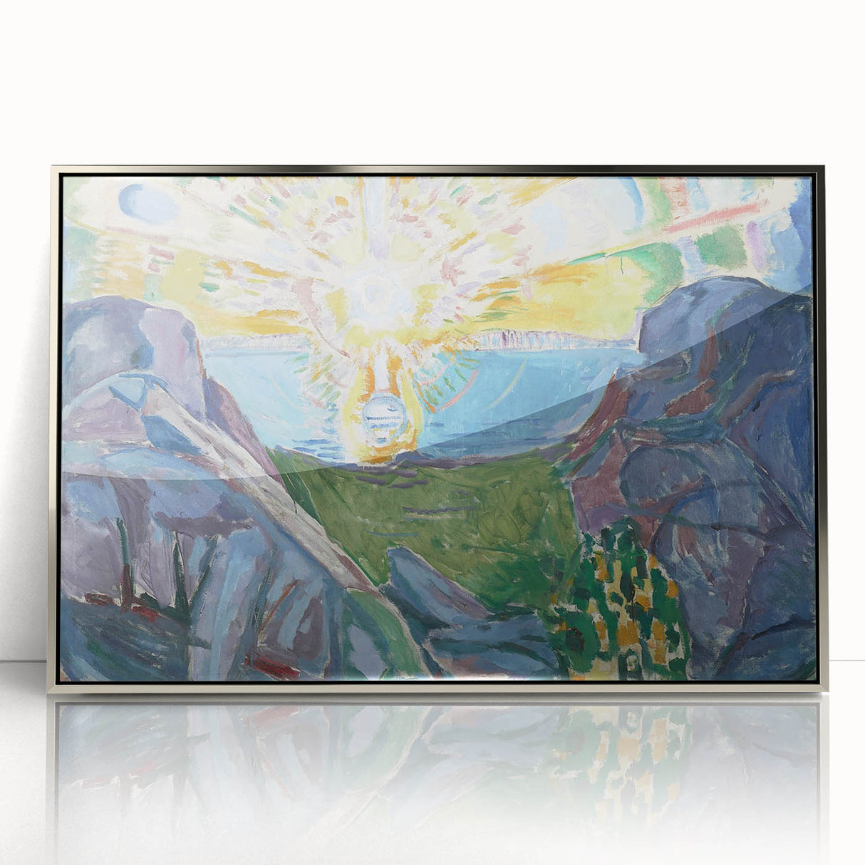 Expressionist Art: Radiant Sunburst with Abstract Mountain Landscape