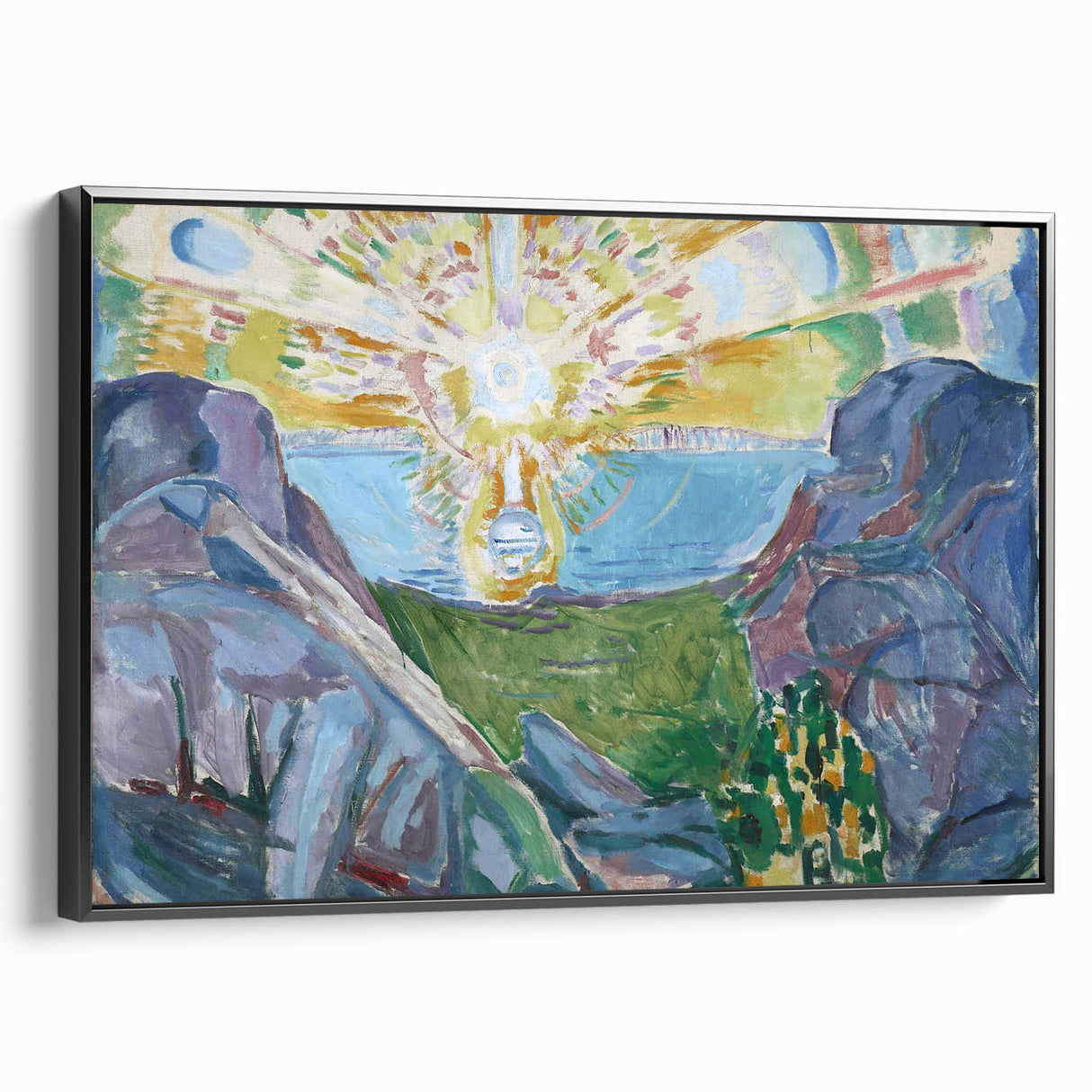 Expressionist Art: Radiant Sunburst with Abstract Mountain Landscape