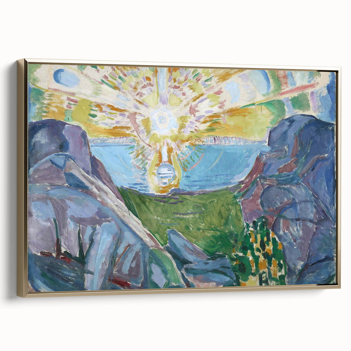 Expressionist Art: Radiant Sunburst with Abstract Mountain Landscape