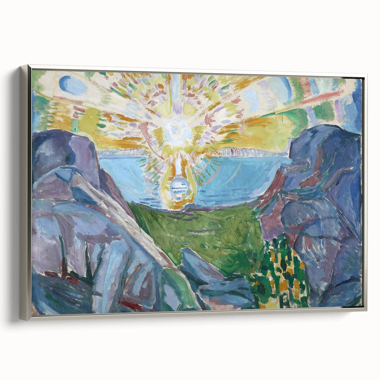 Expressionist Art: Radiant Sunburst with Abstract Mountain Landscape