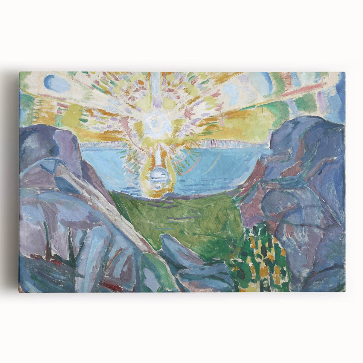 Expressionist Art: Radiant Sunburst with Abstract Mountain Landscape