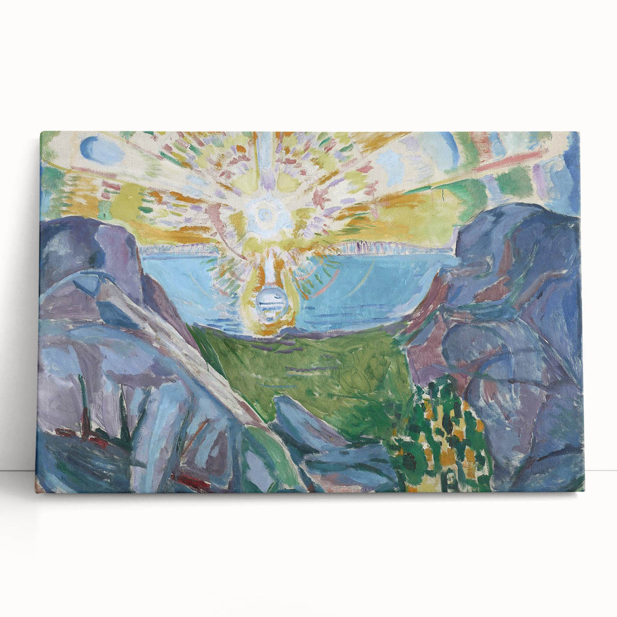 Expressionist Art: Radiant Sunburst with Abstract Mountain Landscape