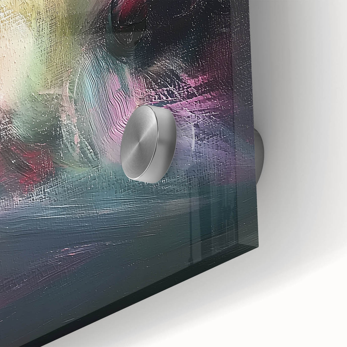 Close-up of vibrant abstract acrylic splatter design on glass, showcasing a blend of blues, yellows, and reds, ideal for modern home decor.