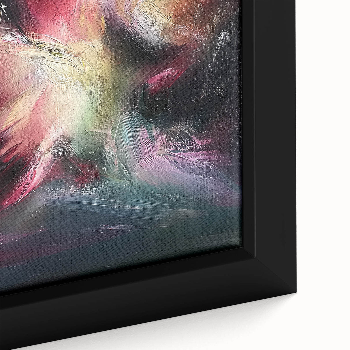 Framed close-up of an abstract splatter canvas art piece showcasing vibrant colors and dynamic shapes, perfect for modern home decor. Ideal for art lovers seeking unique wall accents.