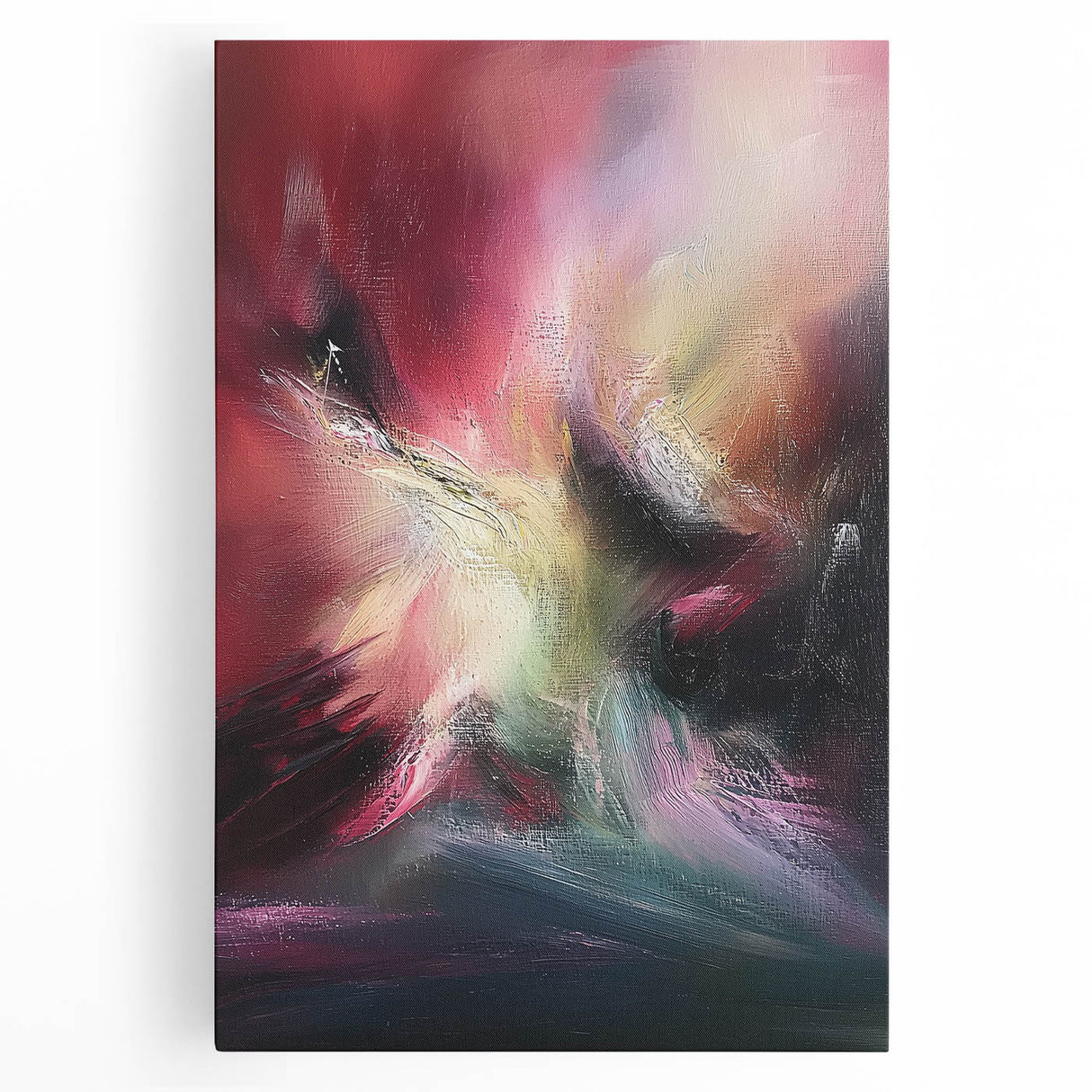 Abstract splatter art on stretched canvas, showcasing vibrant colors like blue, orange, and yellow, ideal for modern home decor or art enthusiasts.