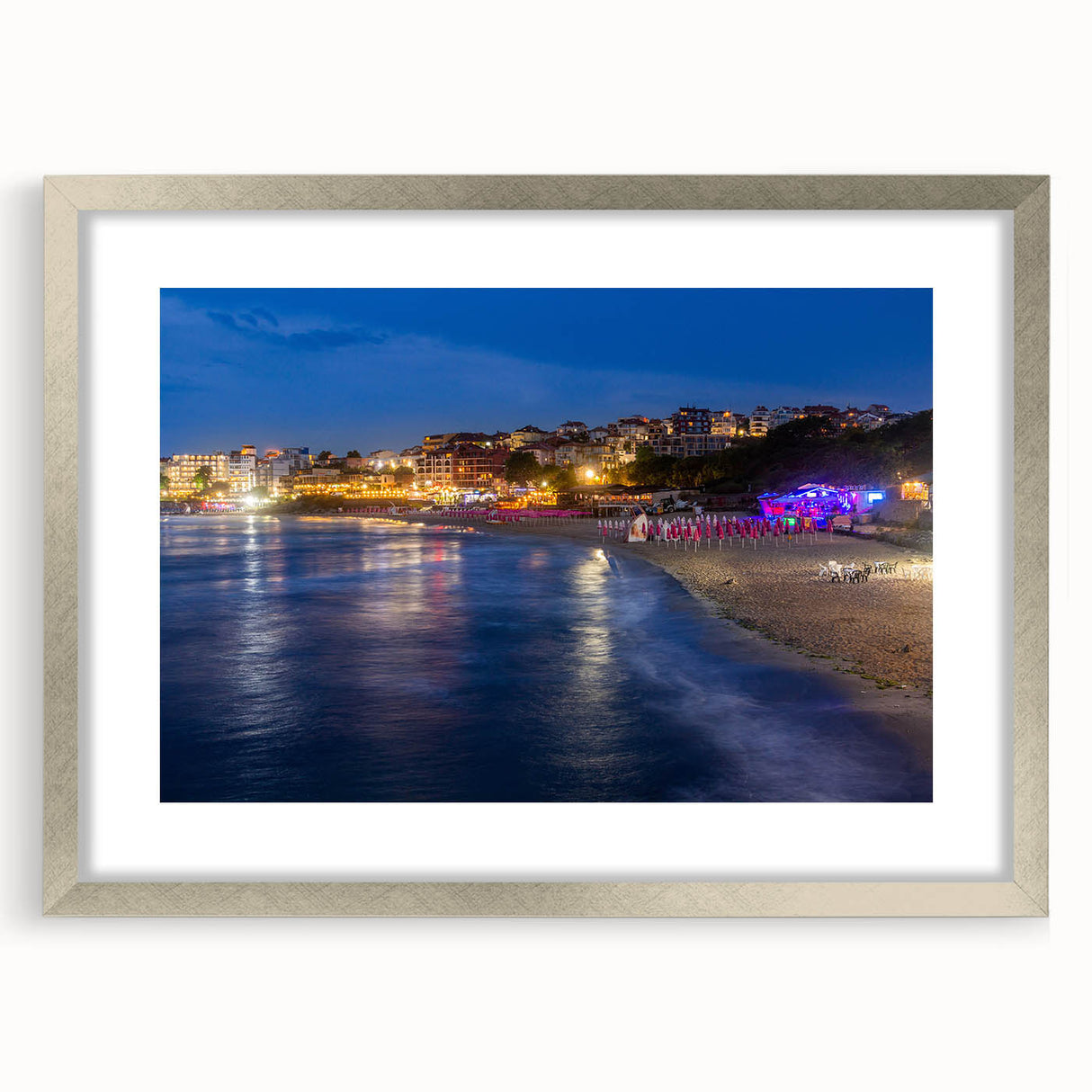 Extra large abstract art print of a textured European scenery in silver frame, ideal for living room decor.