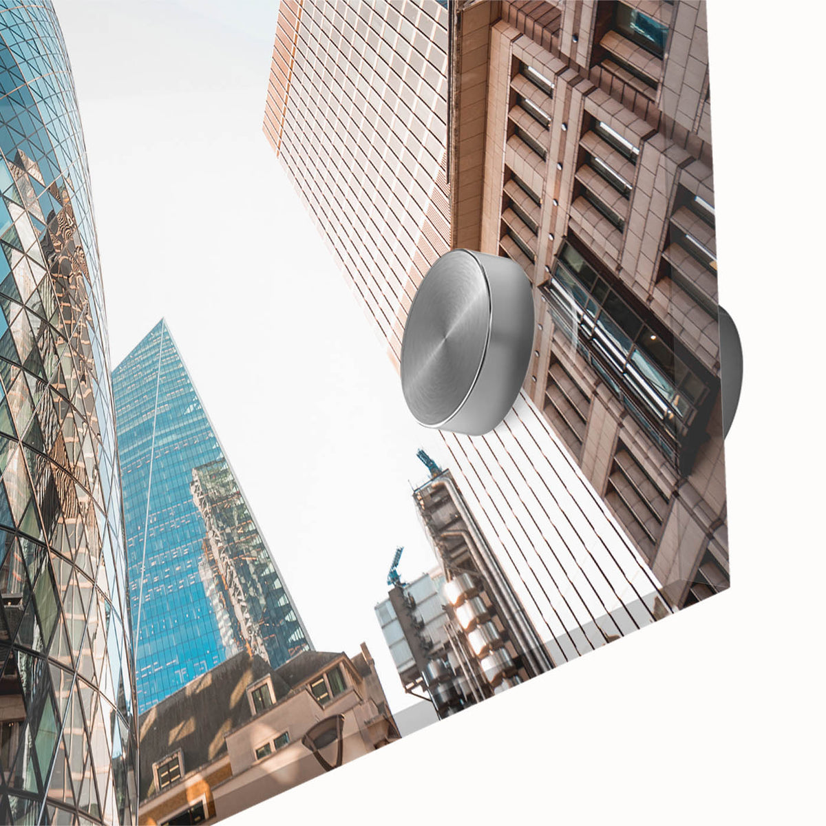 Large abstract depiction of London skyline in muted gray and blue on acrylic glass, suitable for dining room art.