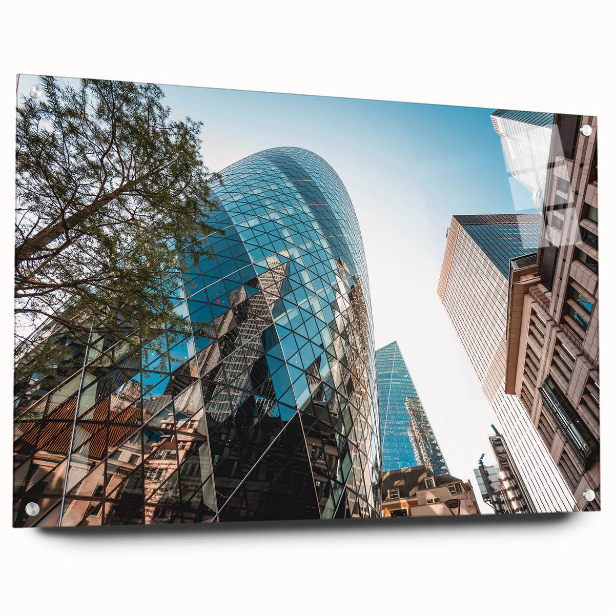 Acrylic glass print of a London cityscape in muted gray tones, suitable for bedroom or dining room decor.