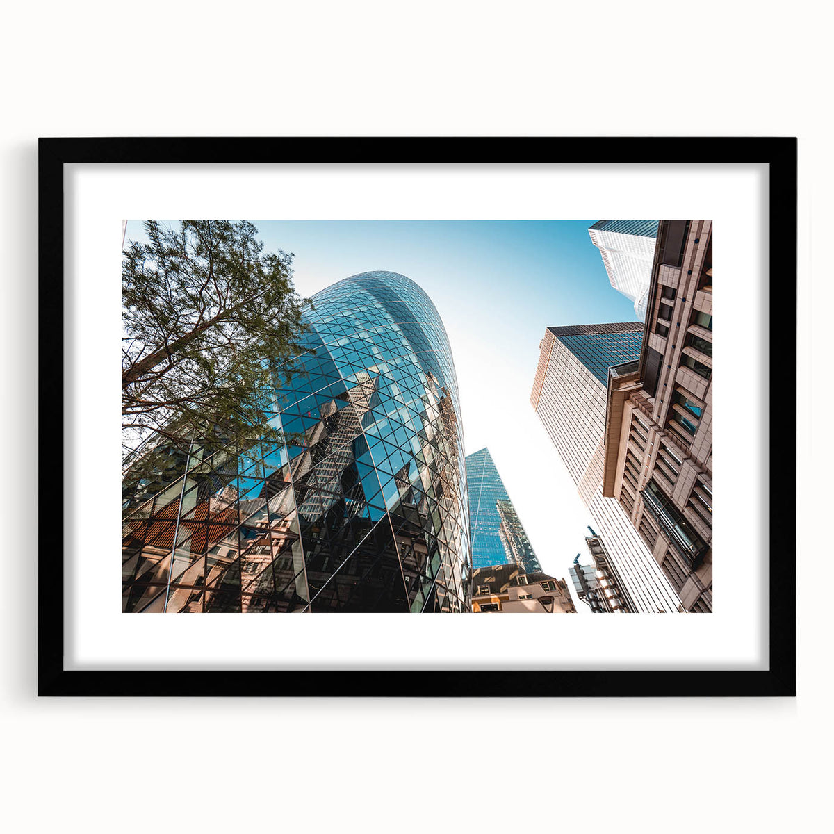 Extra large abstract art print of a colorful, textured London skyline on a black framed canvas, ideal for living room decor.
