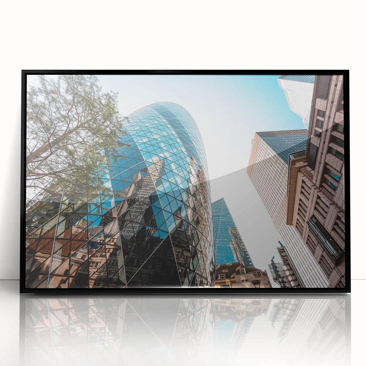 Large abstract wall art depicting the London skyline in muted gray and blue tones on a framed acrylic panel.