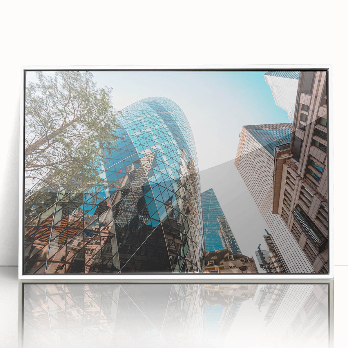 Mid-century modernist art depicting London scenery in muted tones on a framed acrylic, suitable for nursery wall art.
