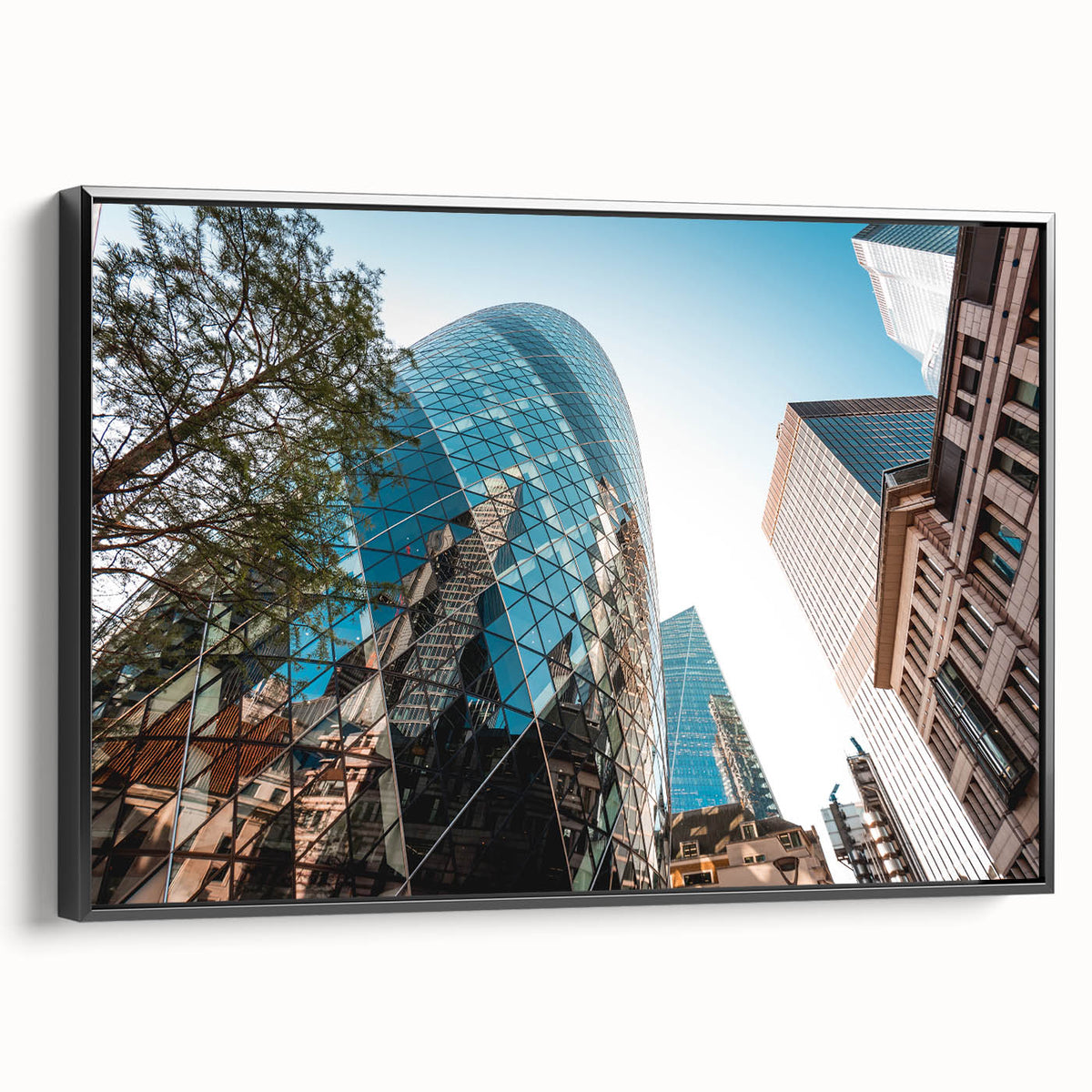 Black and white vintage poster art of London landscape on framed canvas, suited for bedroom decor.