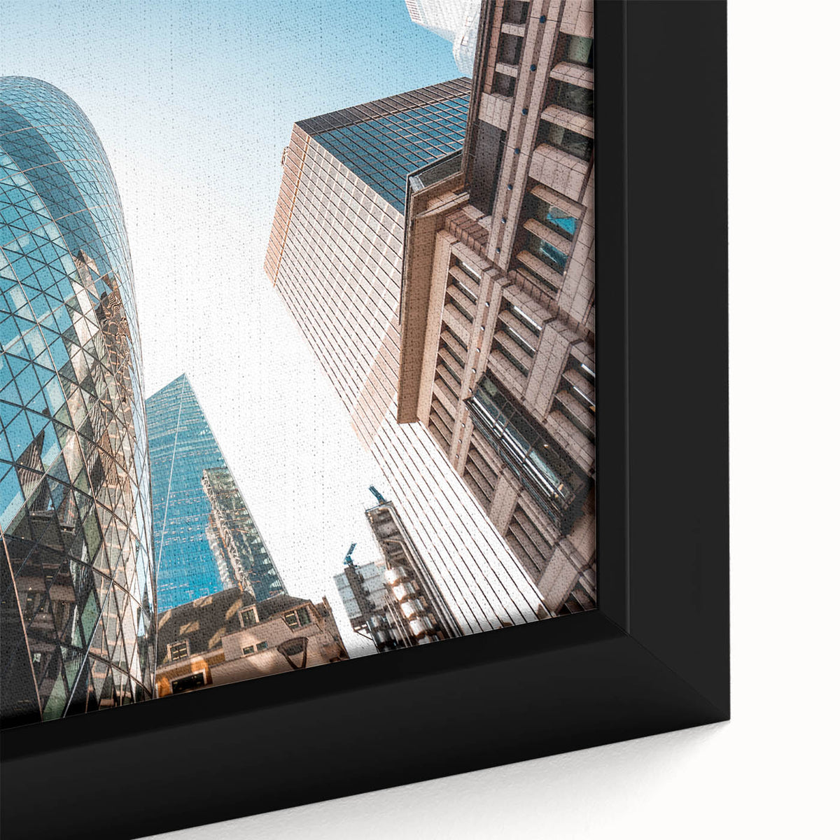 Extra large framed canvas of a textured London skyline in black with colorful highlights, ideal for living room decor.