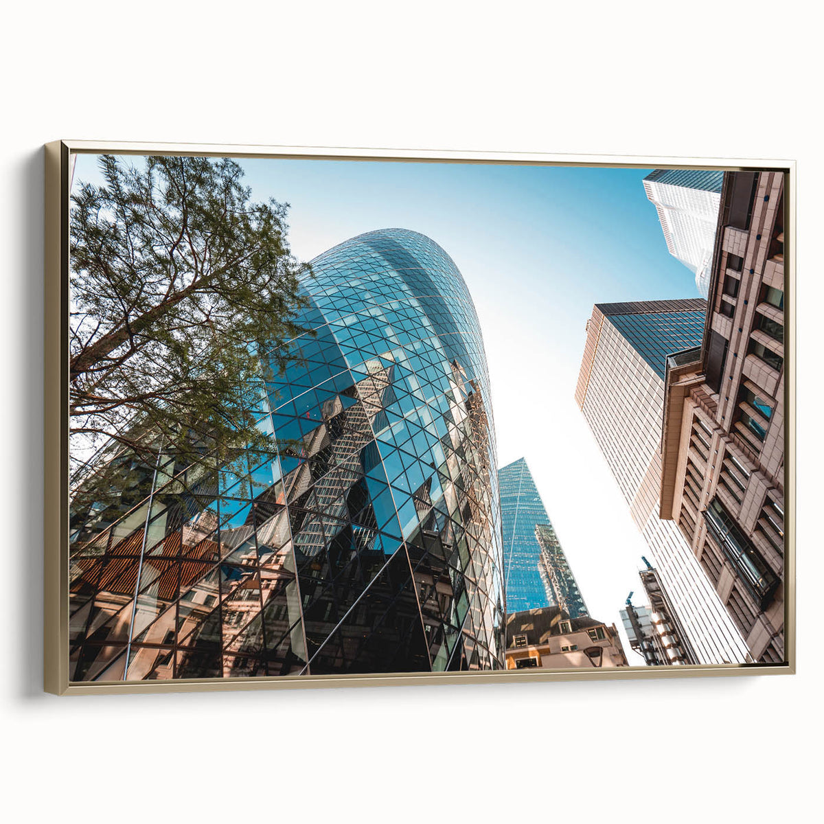 Framed canvas of a vintage-style London landscape in black and gold tones, ideal for bedroom wall art.