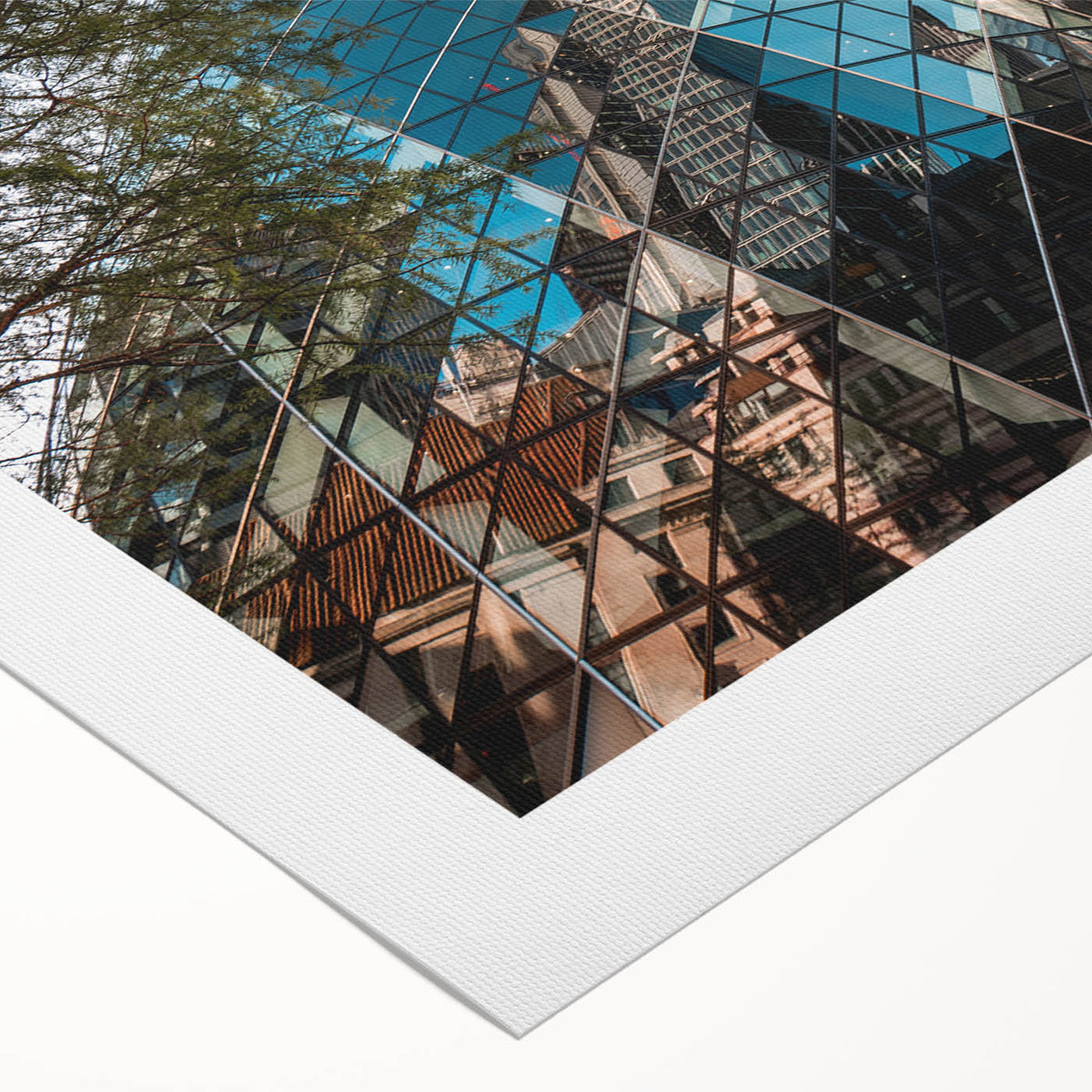 Art deco poster featuring a stylized London skyline in muted blue and gray tones on a rolled canvas.