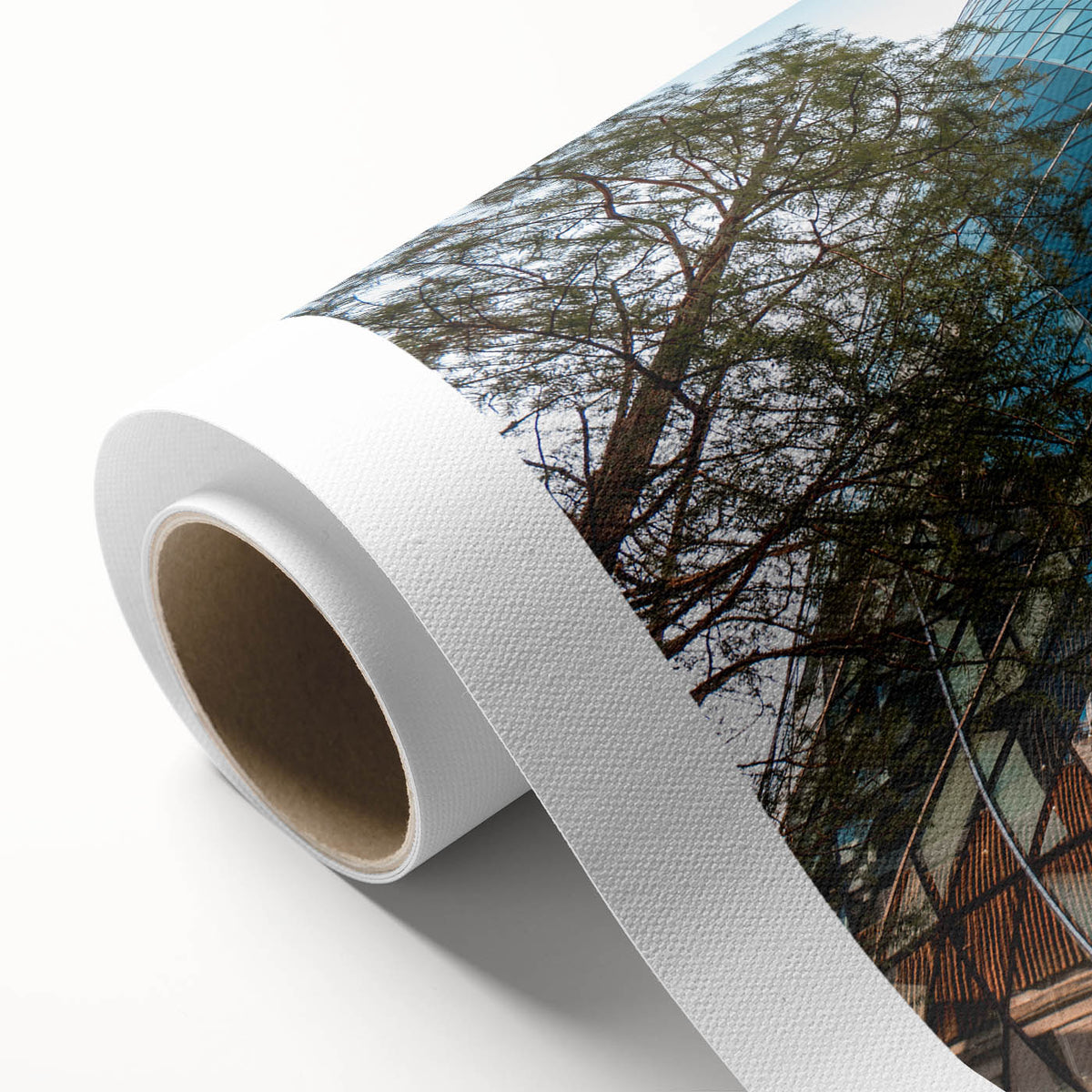Art Deco style poster of London scenery on rolled canvas, featuring muted earth tones, perfect for nursery wall art.