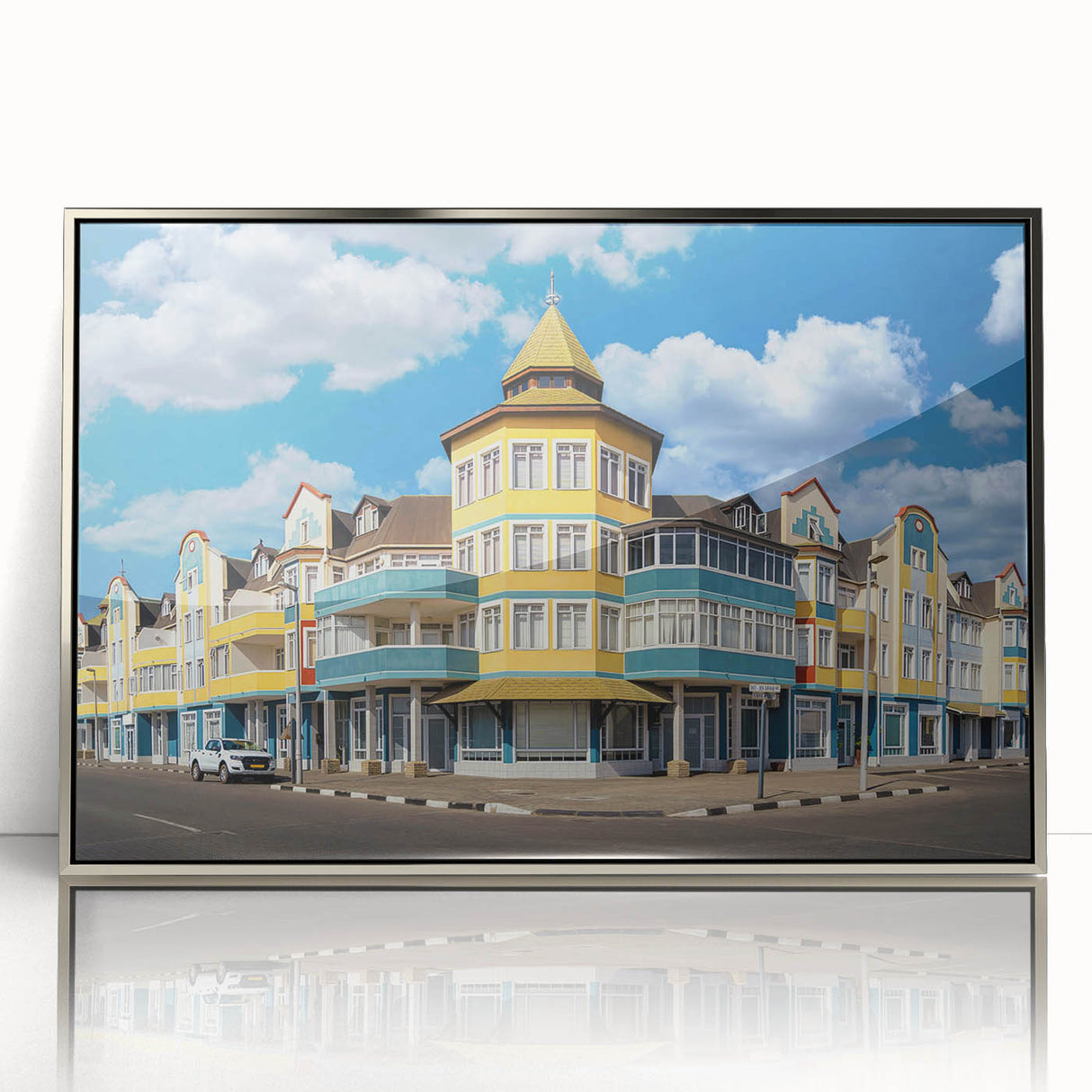 Art deco poster of Namibian landscape in muted earth tones, silver-framed acrylic, suitable for modern art wall decor.