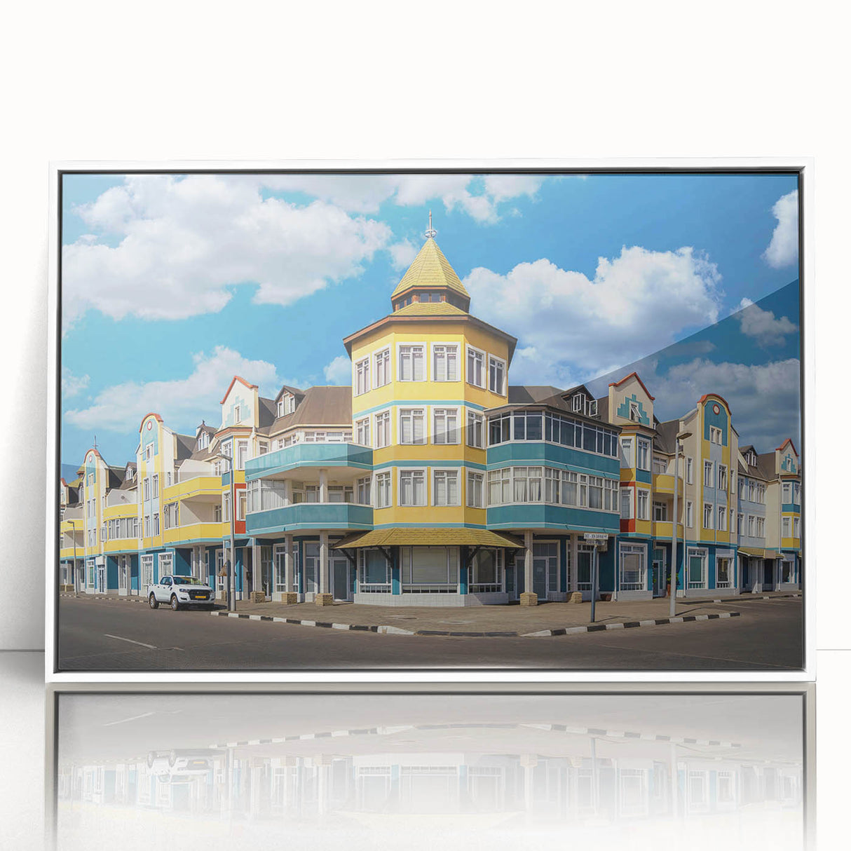 Large art print of a Namibian landscape in mid-century modernist style, framed in white acrylic.