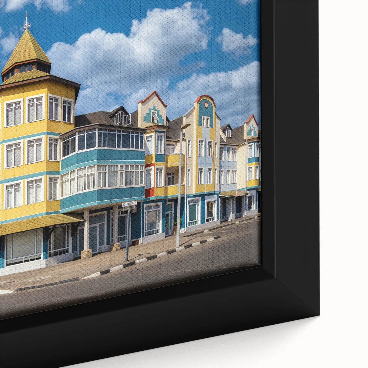 Extra large framed canvas of a textured African scenery in black with vibrant colorful accents, ideal for living room decor.