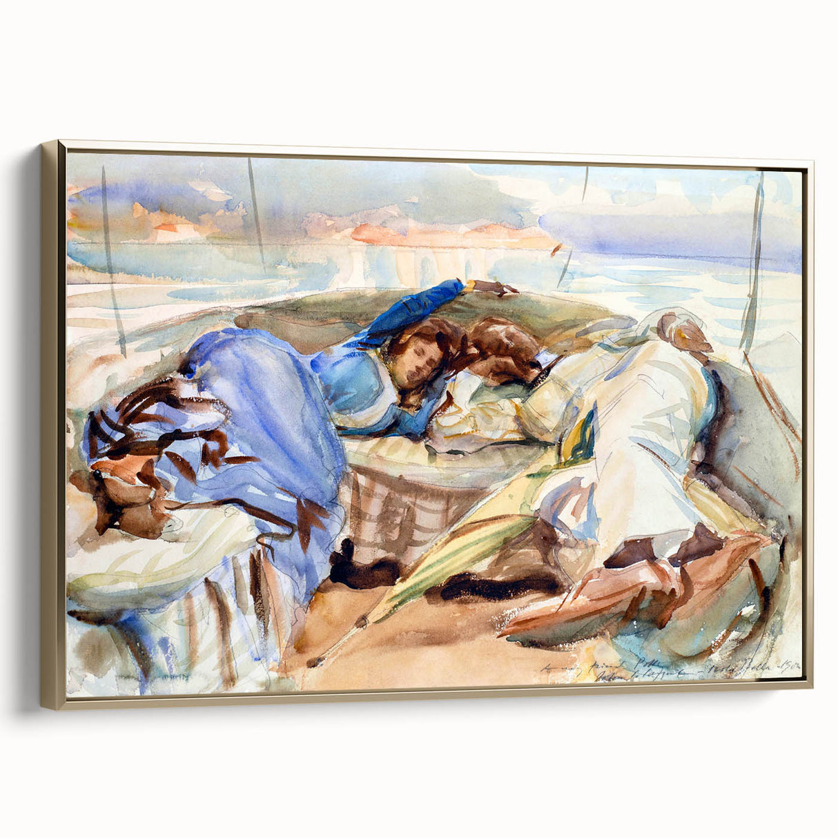 Romanticism Art: Two Figures in a Boat by Sargent - Scenic Canvas