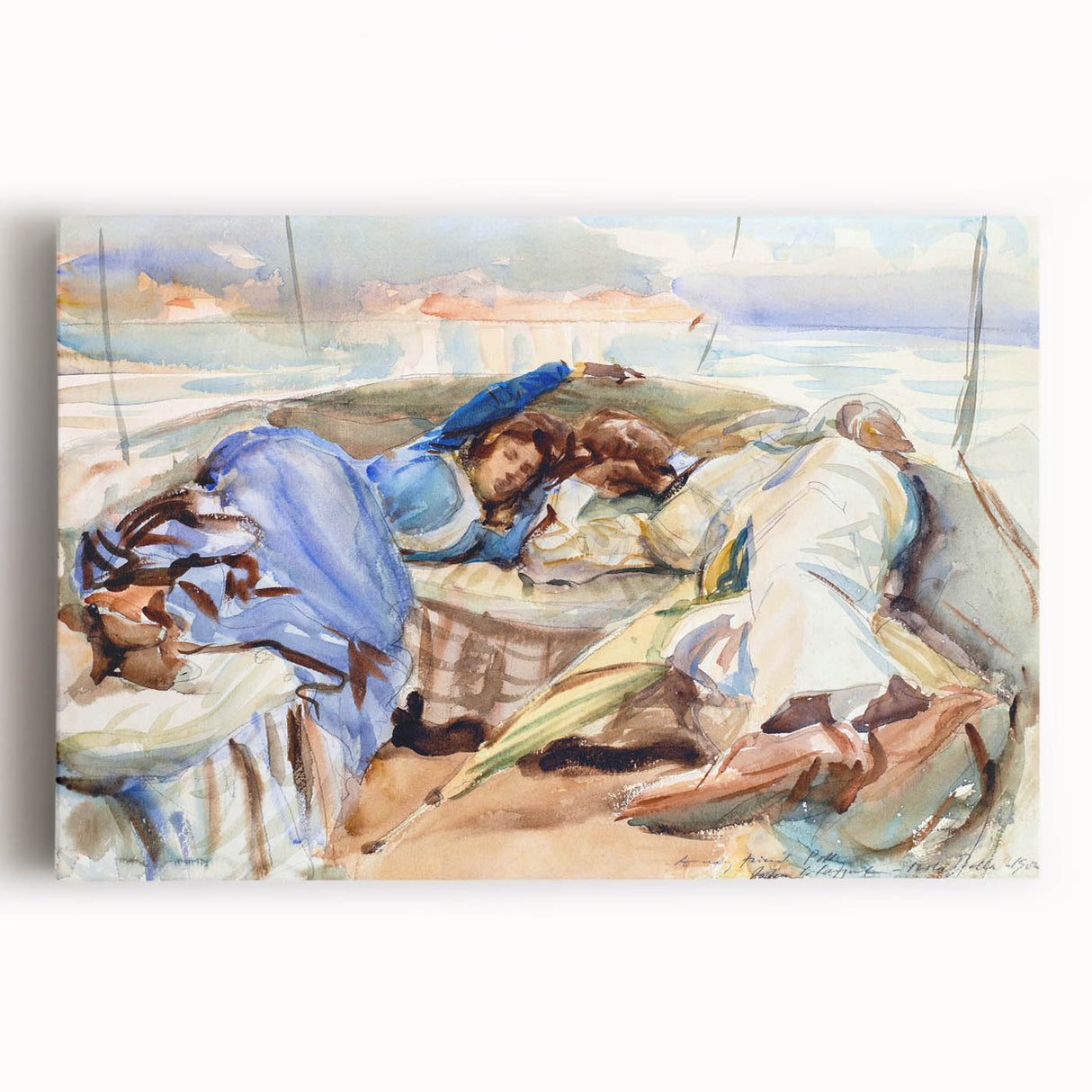 Romanticism Art: Two Figures in a Boat by Sargent - Scenic Canvas