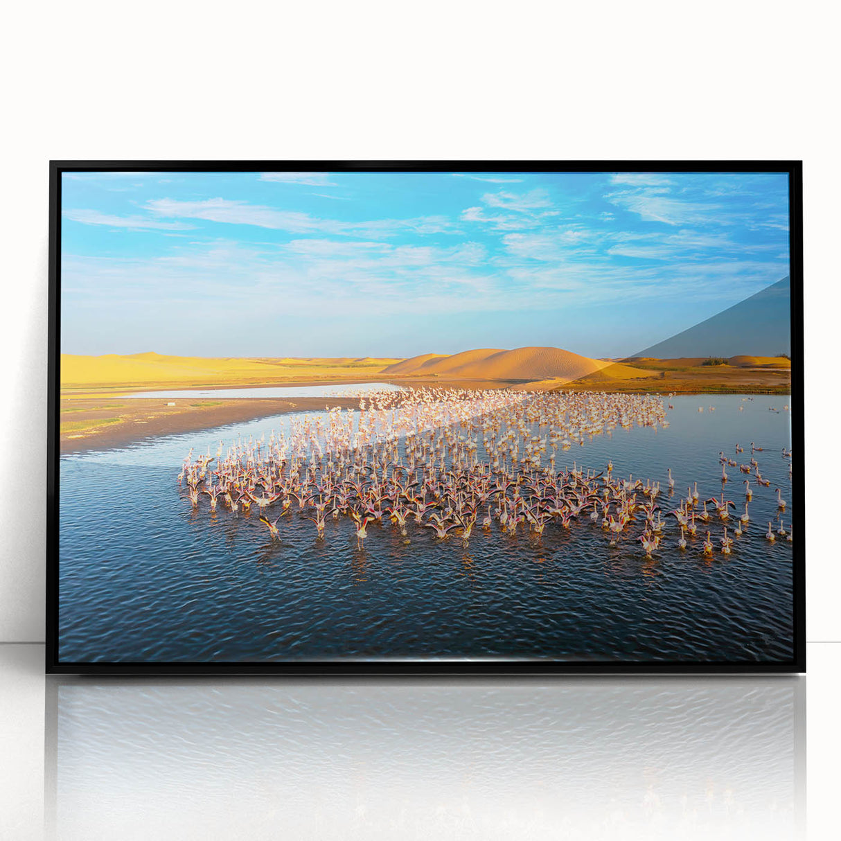 Large abstract wall art depicting a Namibian landscape in muted earth tones, framed in black acrylic.