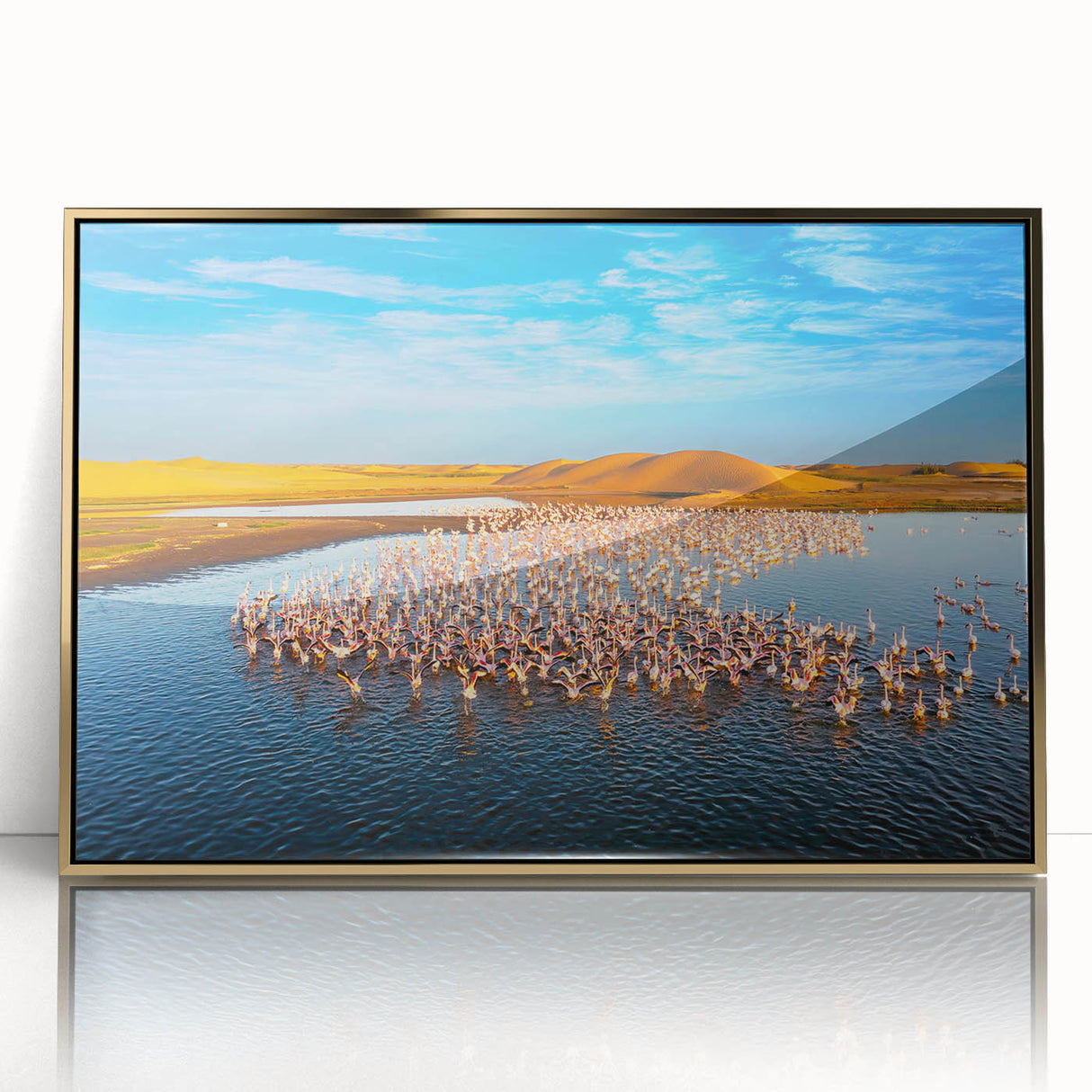 Mid-century modernist art depicting a serene Namibian landscape on a gold-framed acrylic, with earth tones.