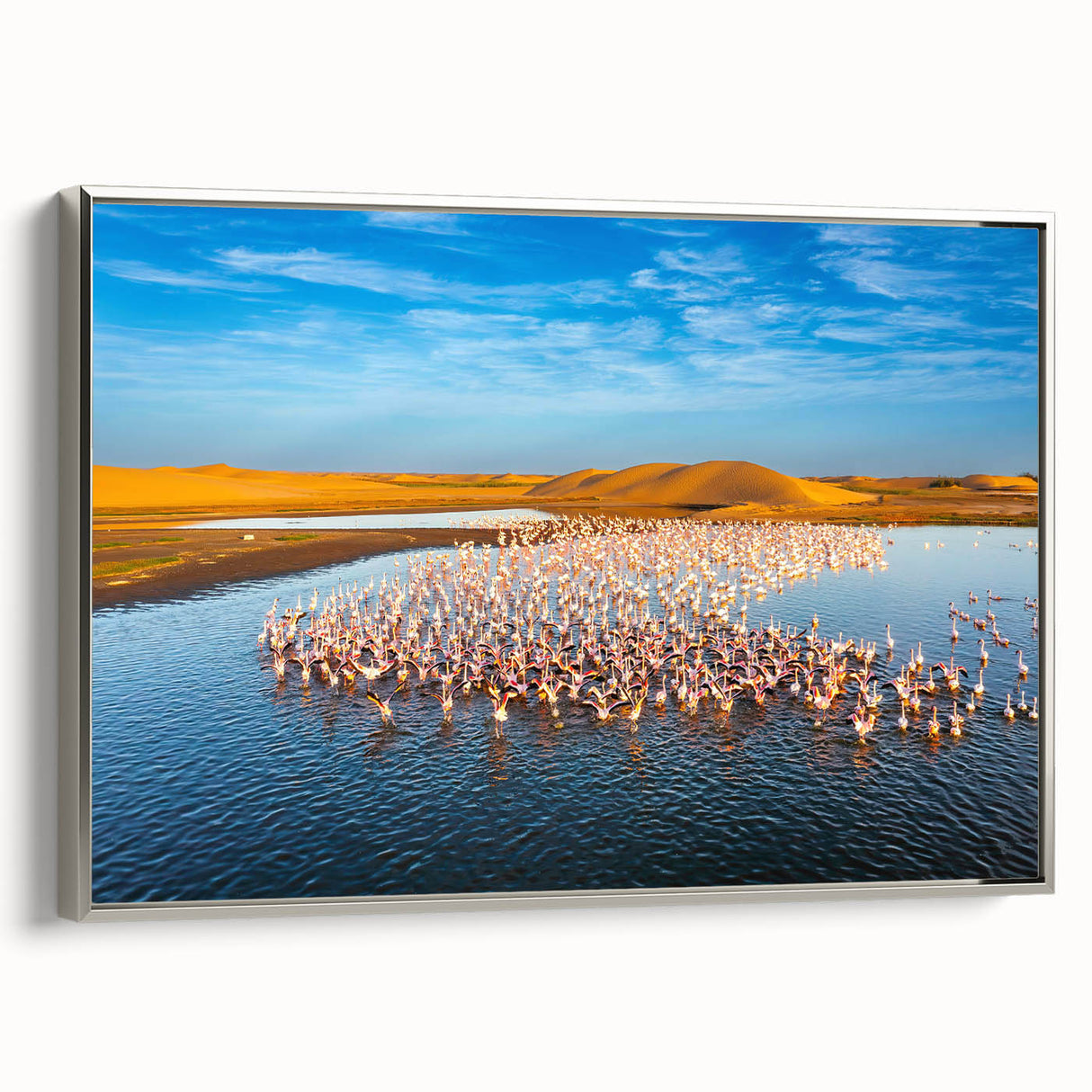 Vintage poster art of Namibian scenery on a large framed canvas, featuring vibrant earth tones, ideal for living room decor.