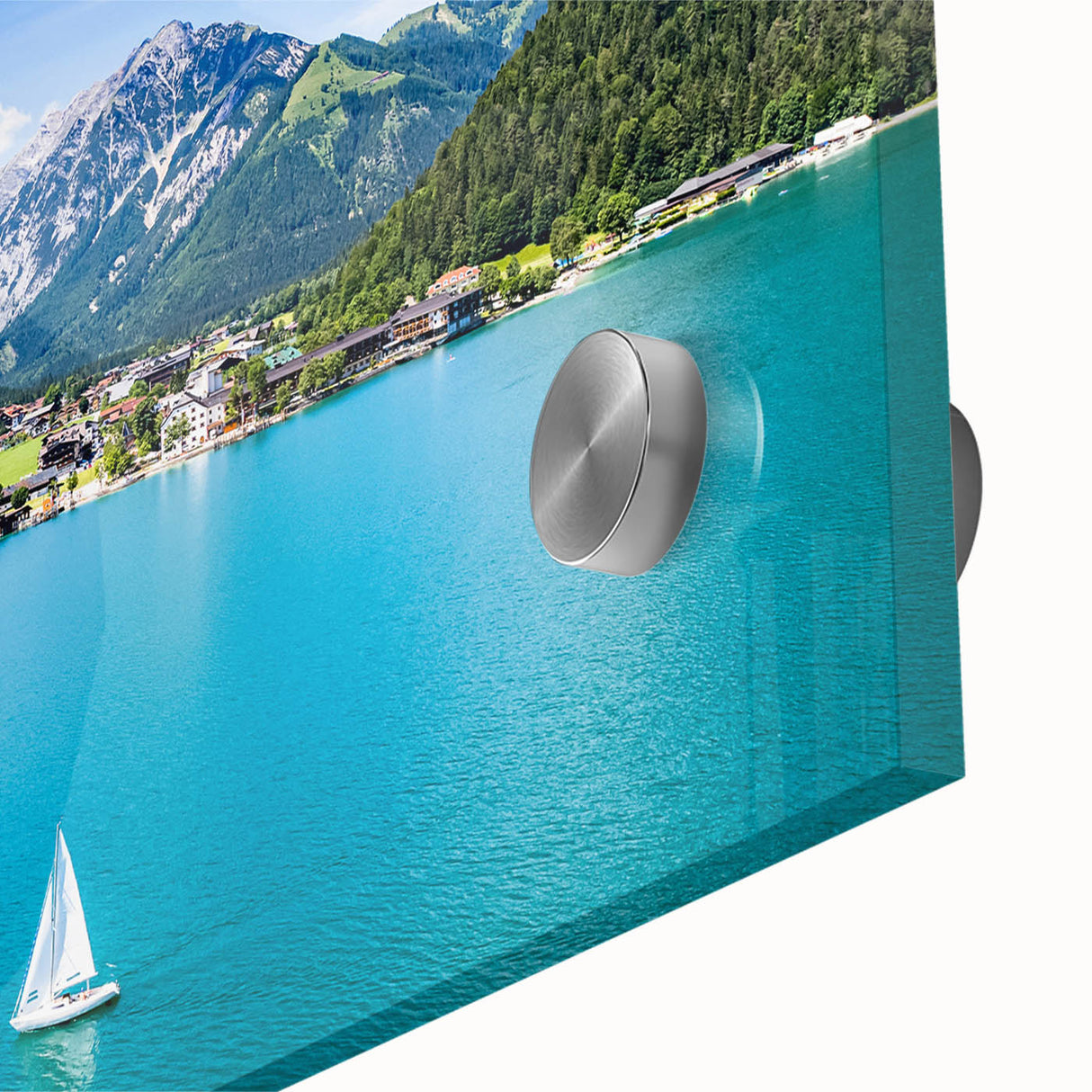 Large abstract wall art depicting a European scenery in Austria, utilizing muted earth tones on acrylic glass.