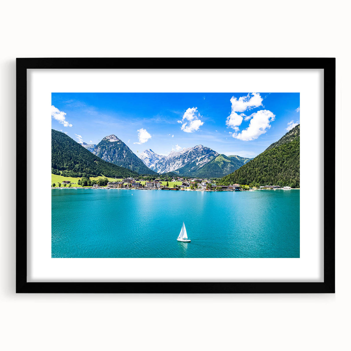 Extra large, colorful abstract art print of a textured European scenery on a framed canvas, ideal for living room decor.