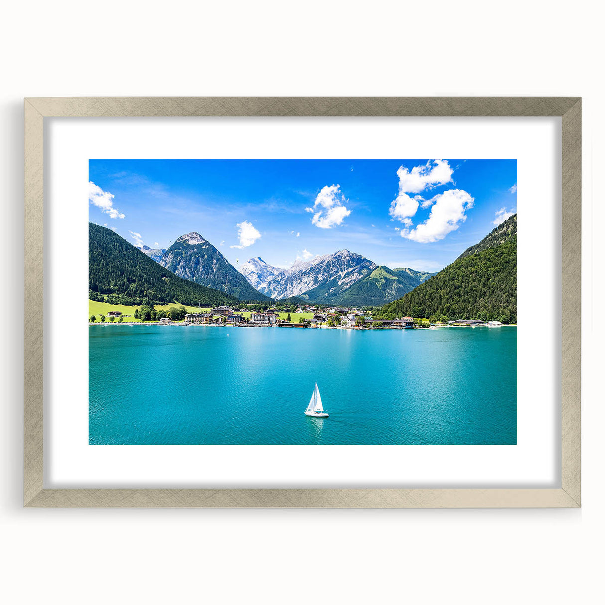 Extra large abstract art print of a textured European landscape in silver frame, ideal for living room decor.