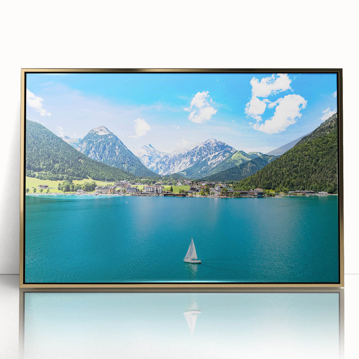 Art deco poster of a European landscape in muted gold tones on acrylic, ideal for modern art wall decor.