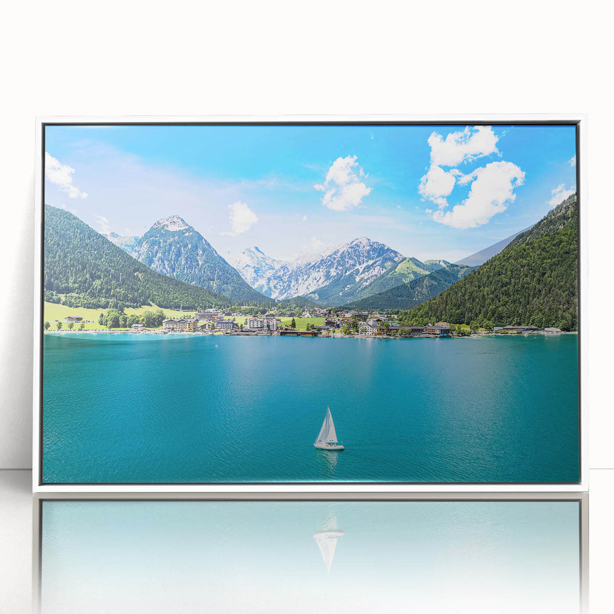 Mid-century modernist art depicting a serene Austrian landscape on a framed acrylic, with muted earth tones.