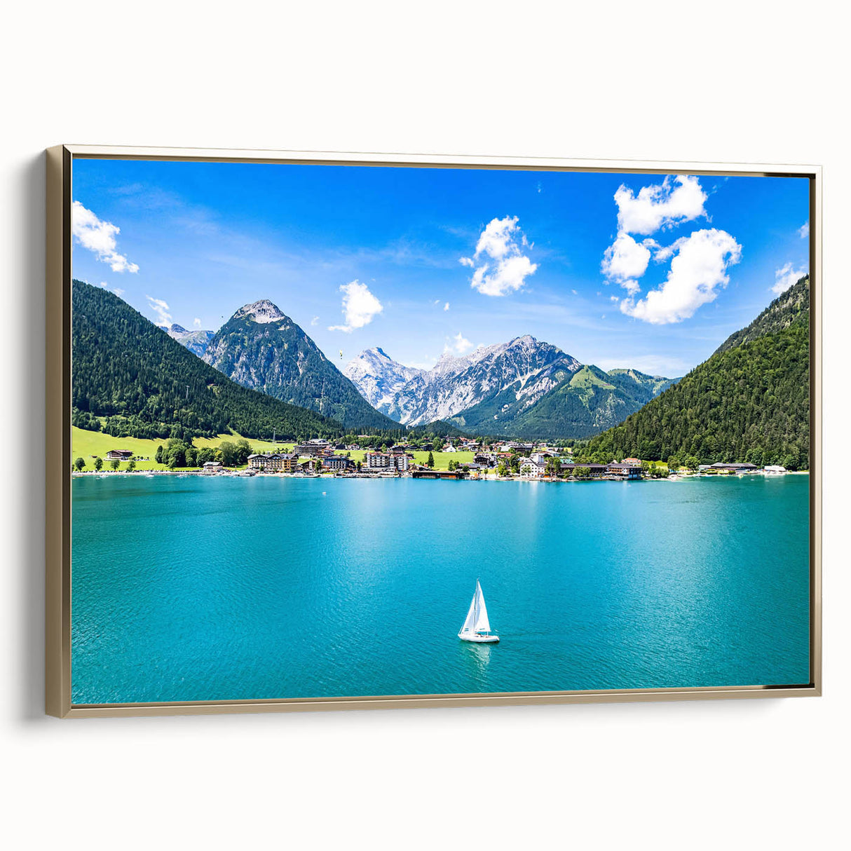 Framed canvas featuring a vintage-style landscape painting of an Austrian scenery in muted earth tones.