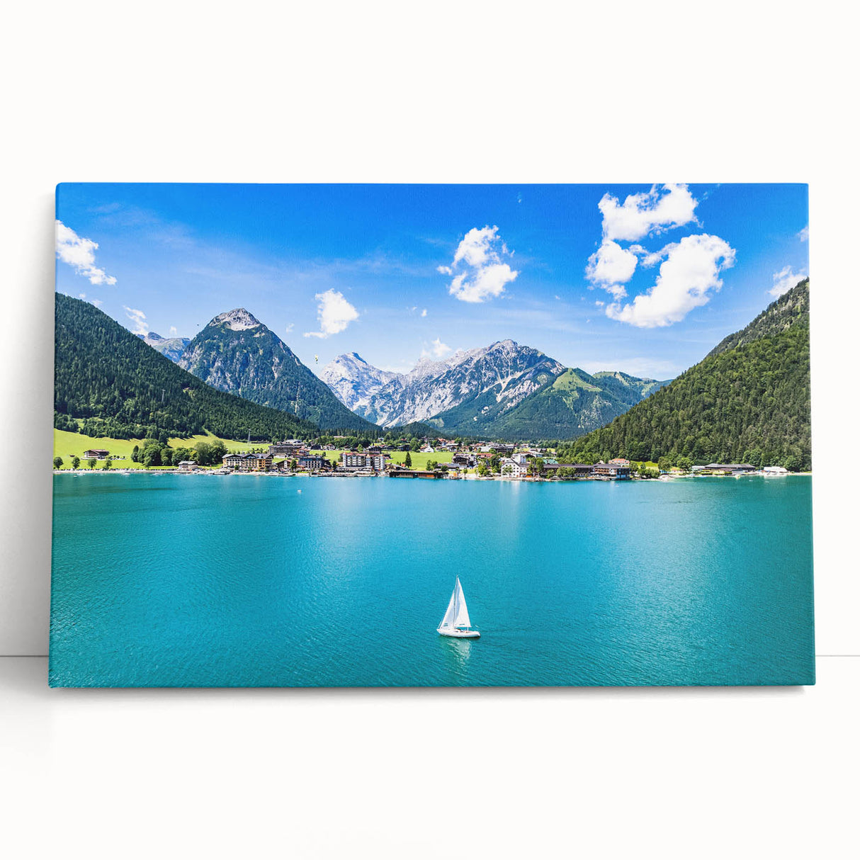 Black and white large art print of a European cityscape on stretched canvas, ideal for kitchen wall art.