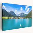 Large canvas print of a European landscape in muted green and blue tones, ideal for kitchen wall art.
