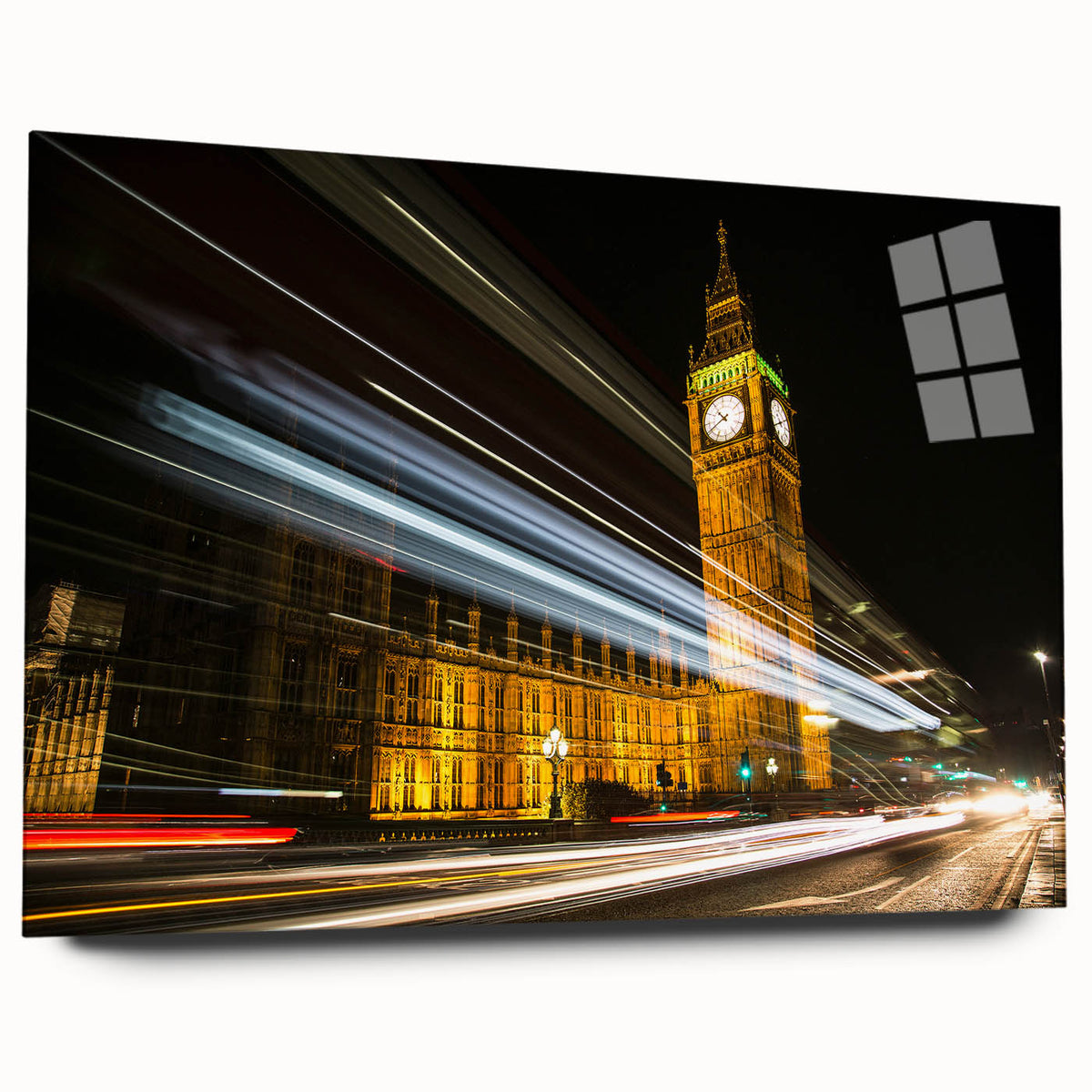 Large abstract depiction of the London skyline in muted gray and blue tones on acrylic glass.