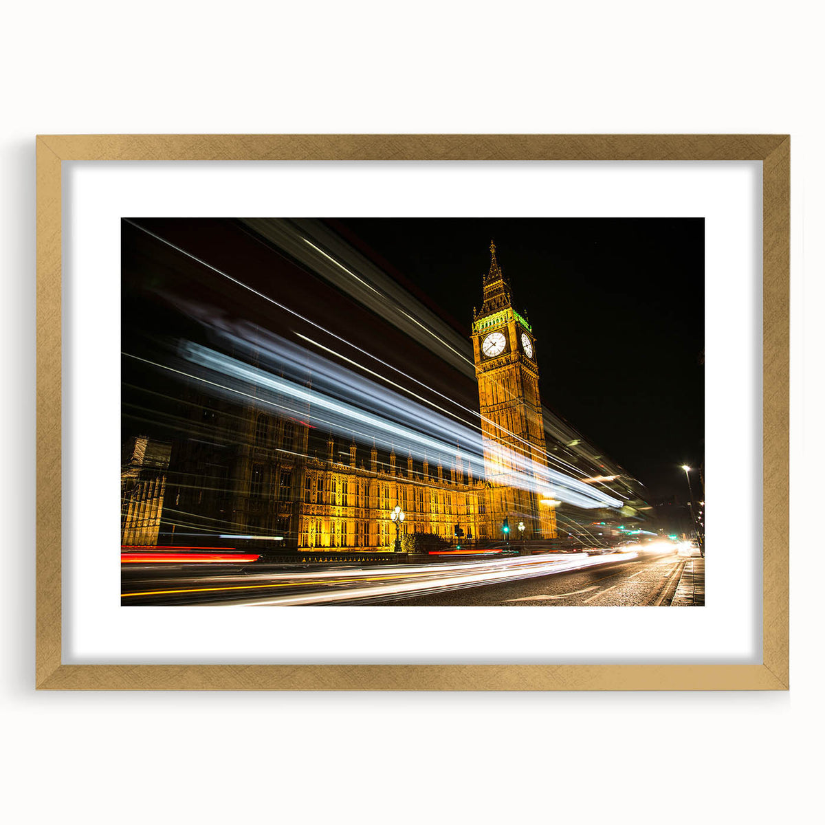 Abstract art print of London scenery in muted gold and black tones, framed with a golden mat, suitable for dining room decor.