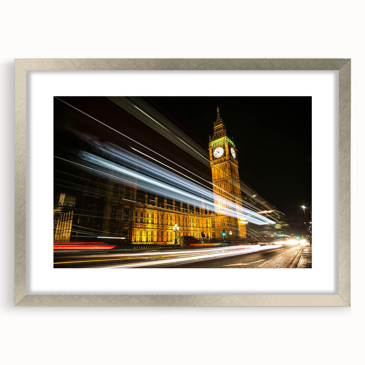 Extra large abstract art print of a textured London skyline in muted gray and silver, framed with mat.