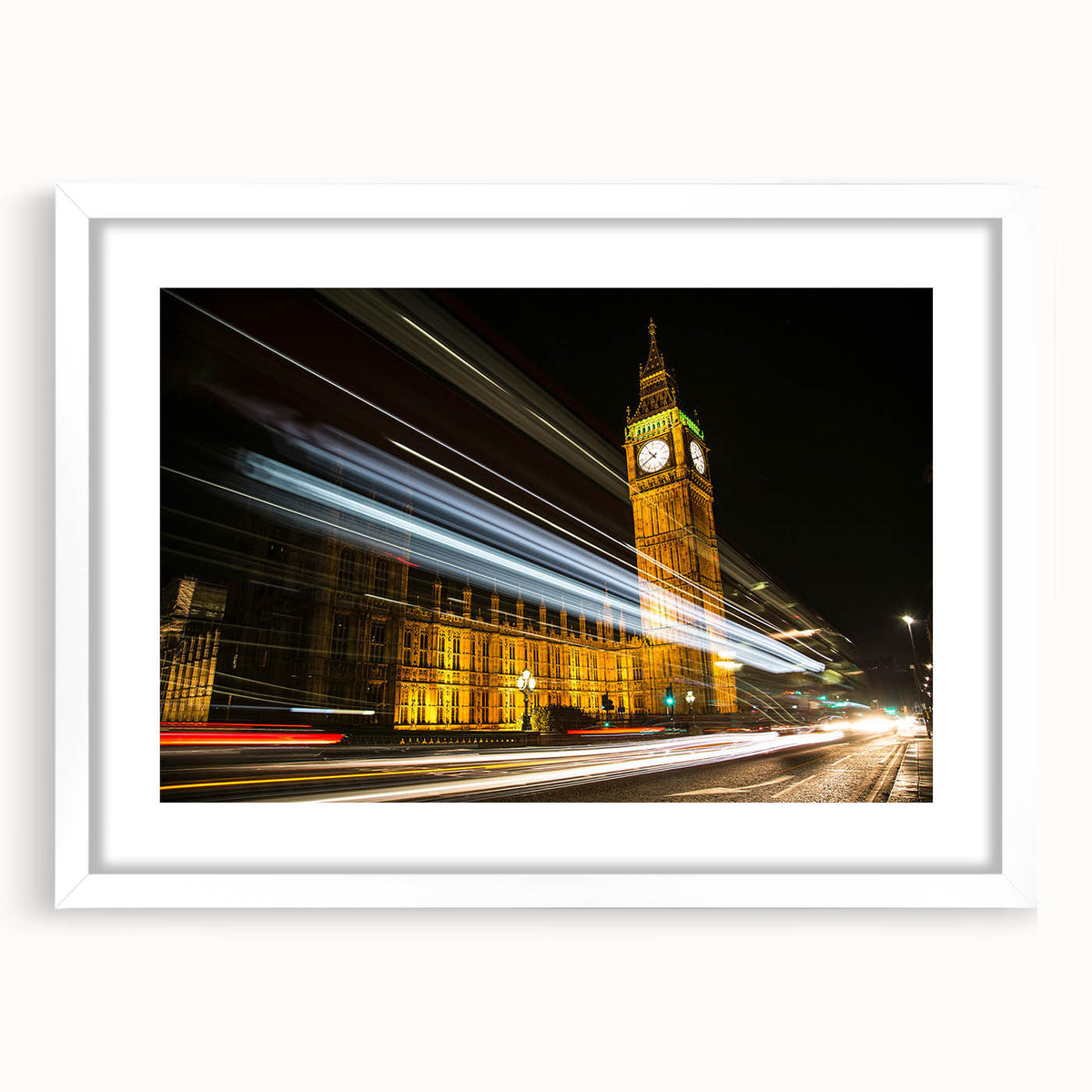 Textured art print of an abstract London skyline in muted gray and blue tones, framed with a white mat.