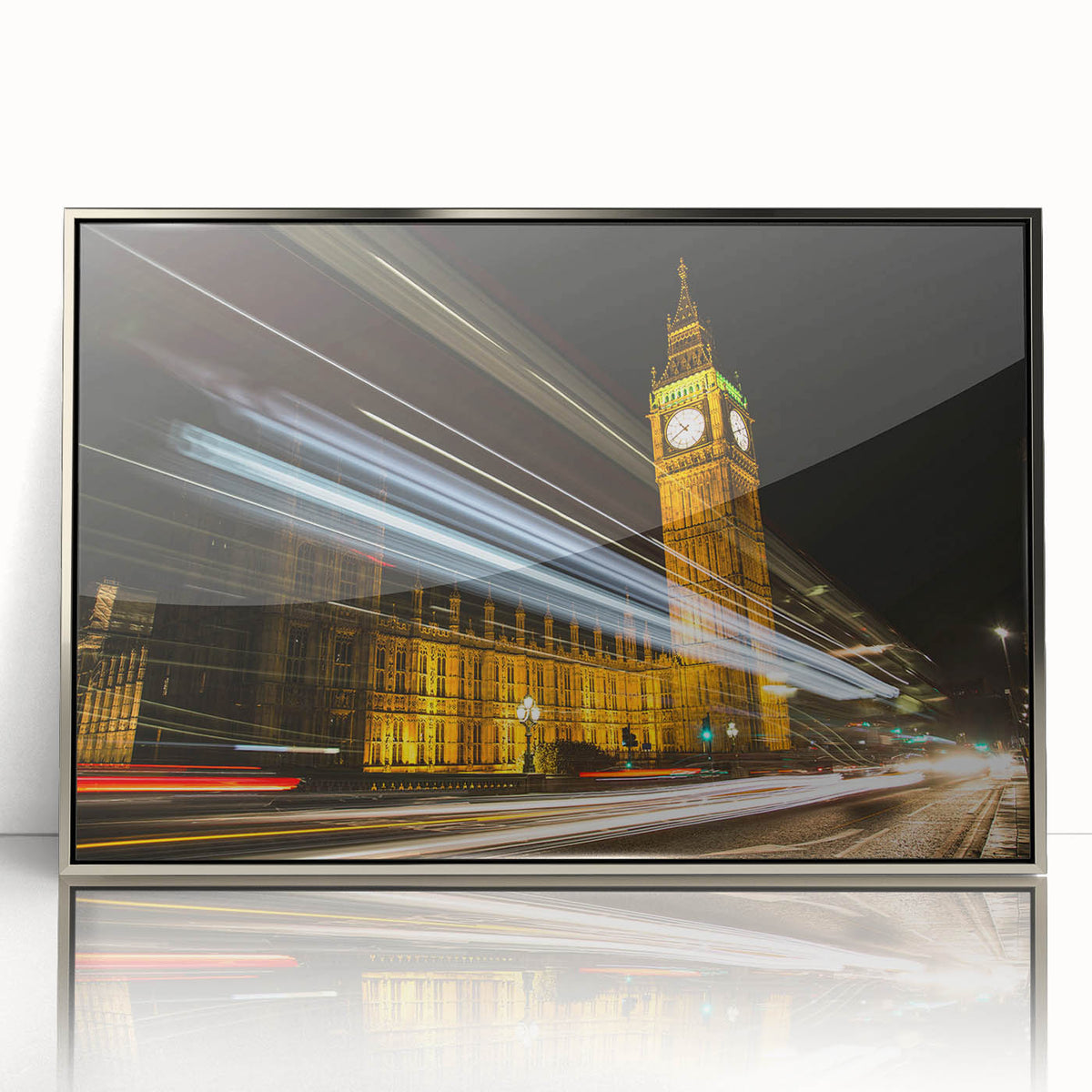 Large art print of a London skyline in muted gray and blue tones on a silver-framed acrylic.