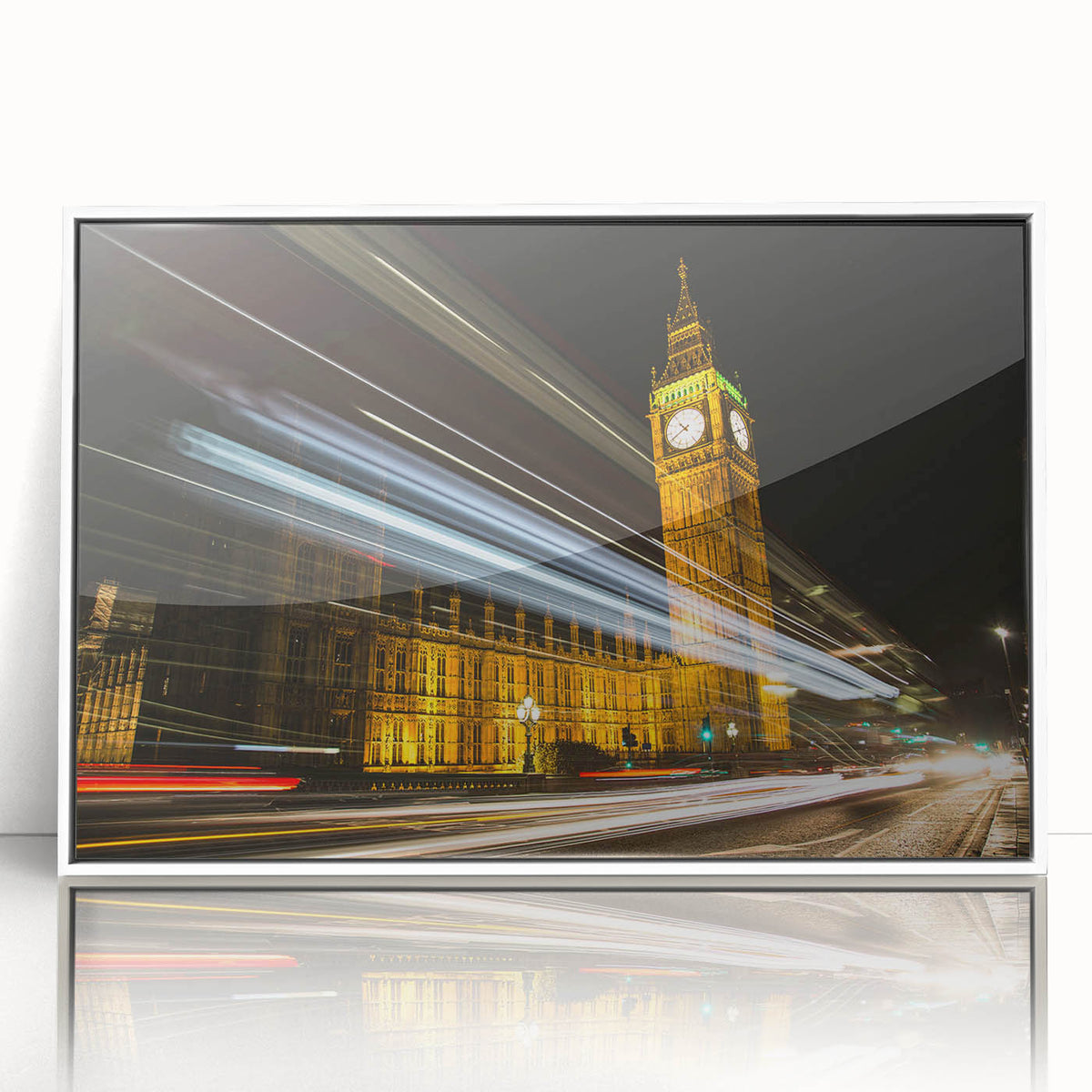 Mid-century modernist art depicting London landmarks in muted colors on a framed acrylic, ideal for nursery wall decor.