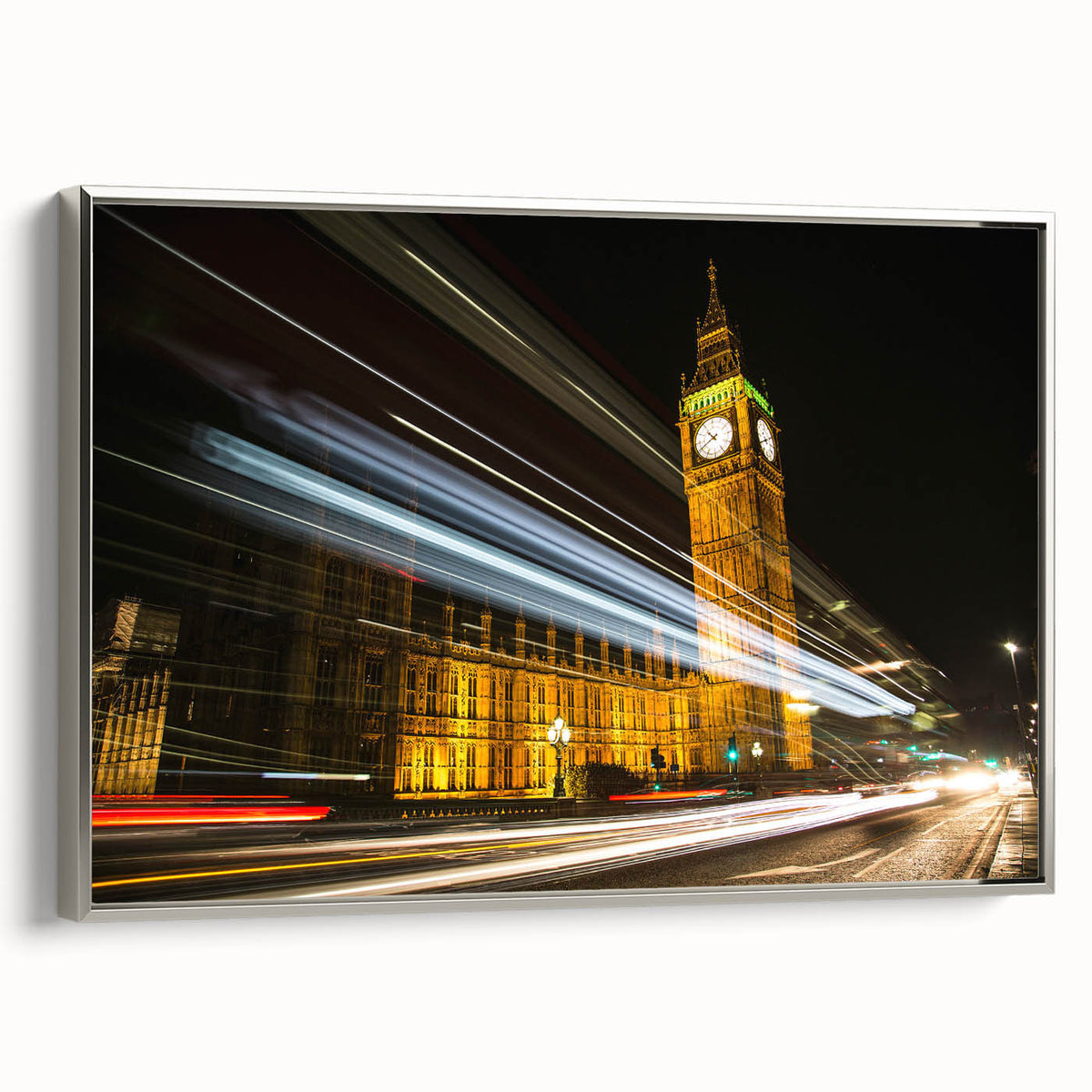 Landscape art painting of London featuring colorful Big Ben and a black background, framed canvas, ideal for office decor.