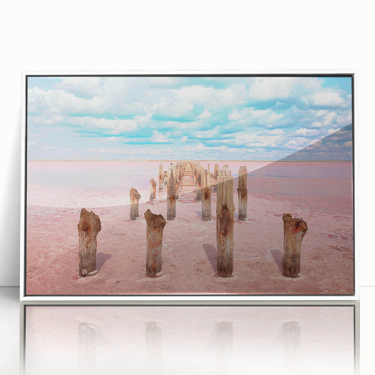 Art deco poster featuring a serene Yucatan landscape in pastel colors, framed in white acrylic.