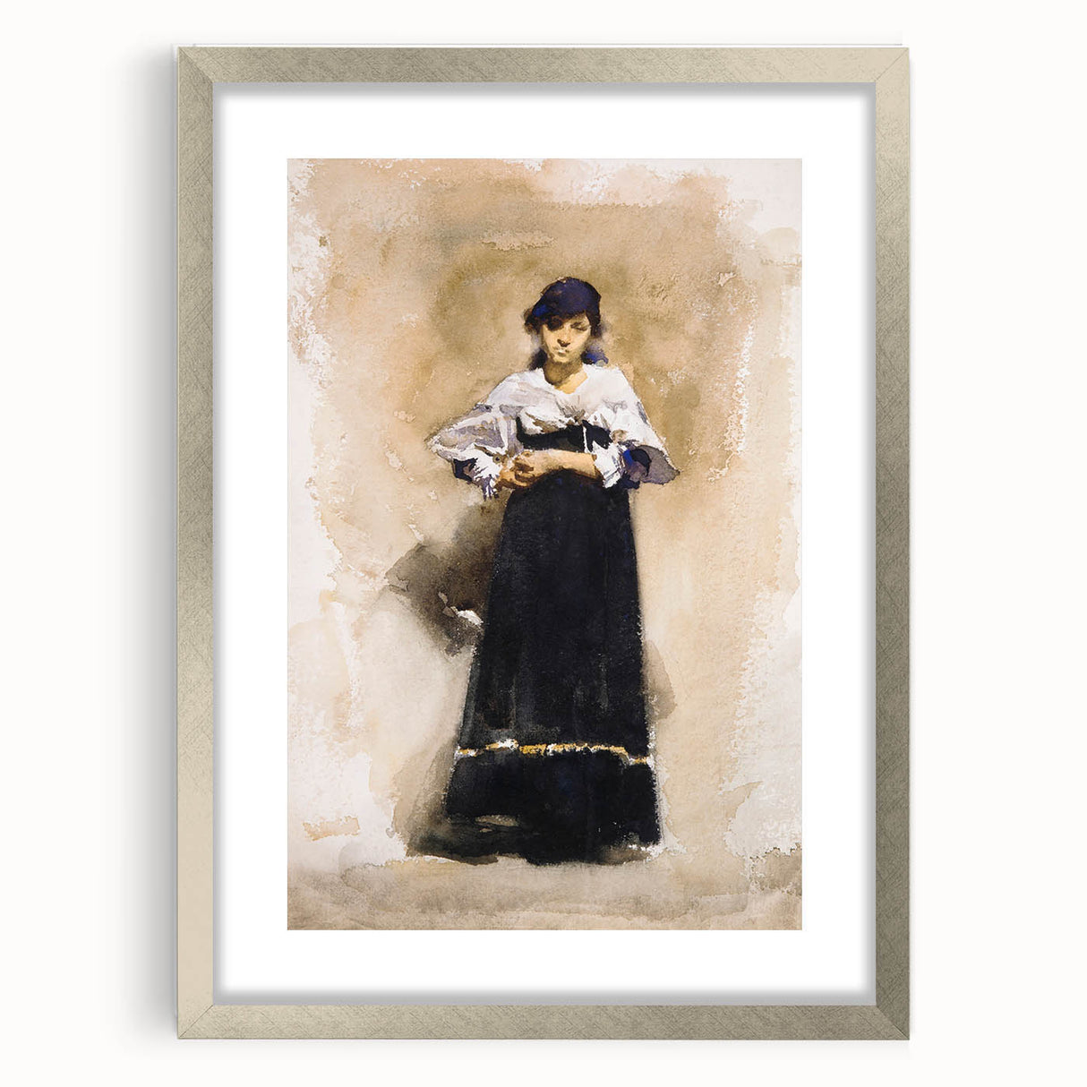 Romantic Art Prints: Young Woman with a Black Skirt - Timeless Portrait